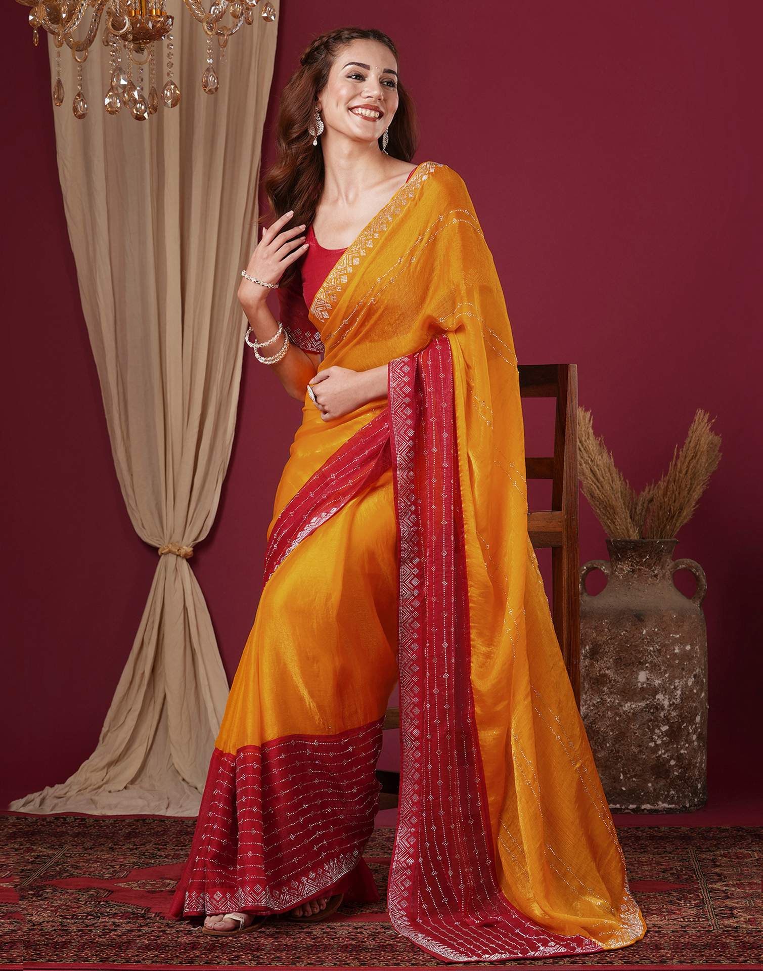 Yellow Shimmer Stone Work Swarovski Saree