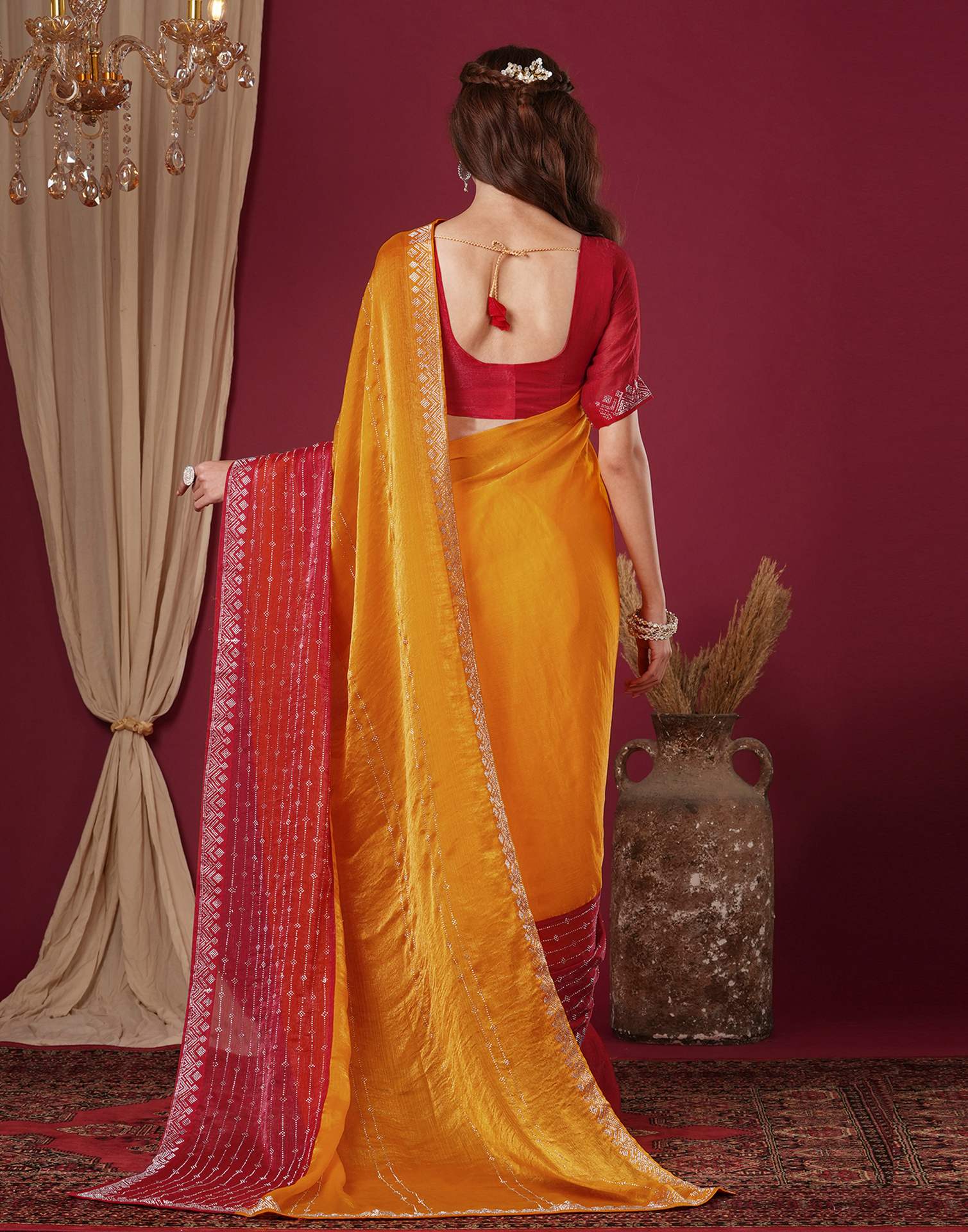 Yellow Shimmer Stone Work Swarovski Saree