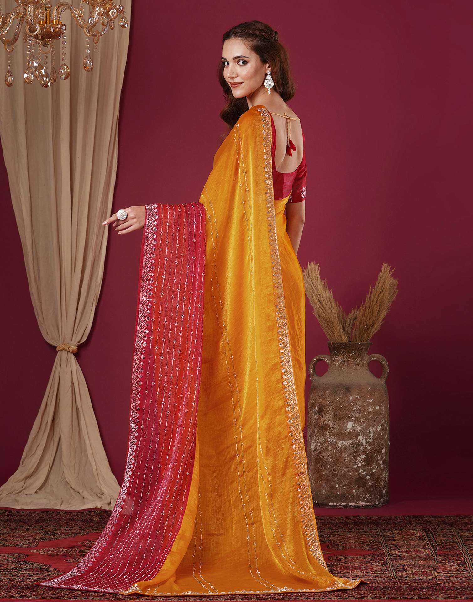 Yellow Shimmer Stone Work Swarovski Saree