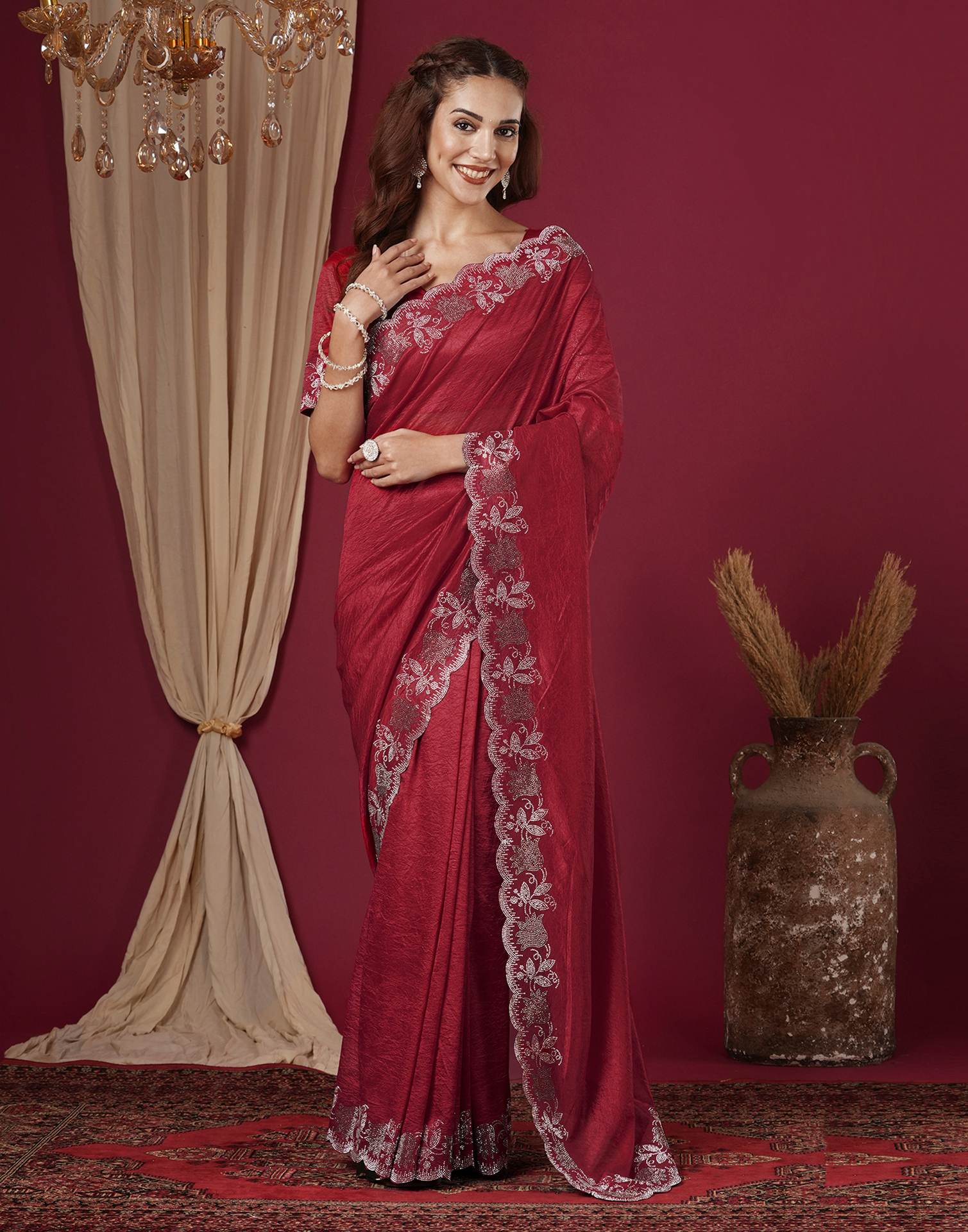 Dark Pink Chinnon Stone Work Swarovski Saree