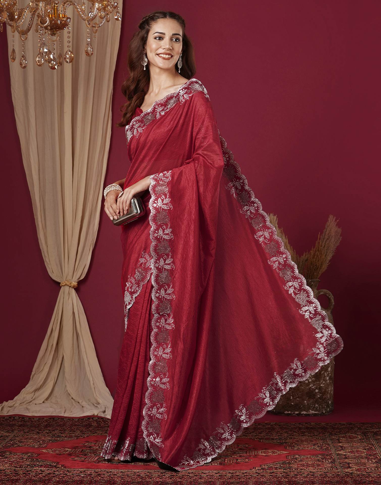 Dark Pink Chinnon Stone Work Swarovski Saree