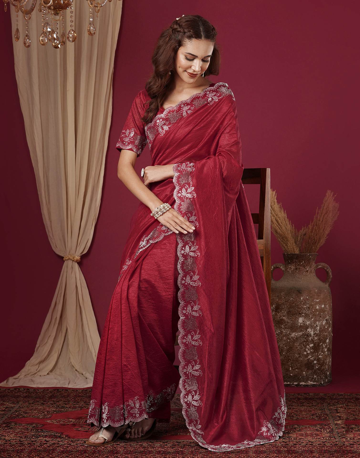Dark Pink Chinnon Stone Work Swarovski Saree