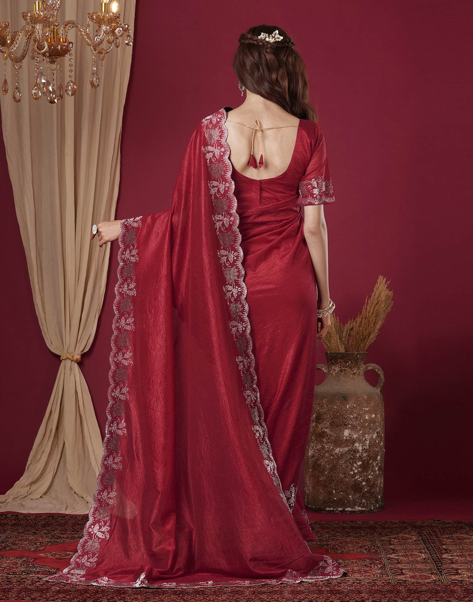 Dark Pink Chinnon Stone Work Swarovski Saree