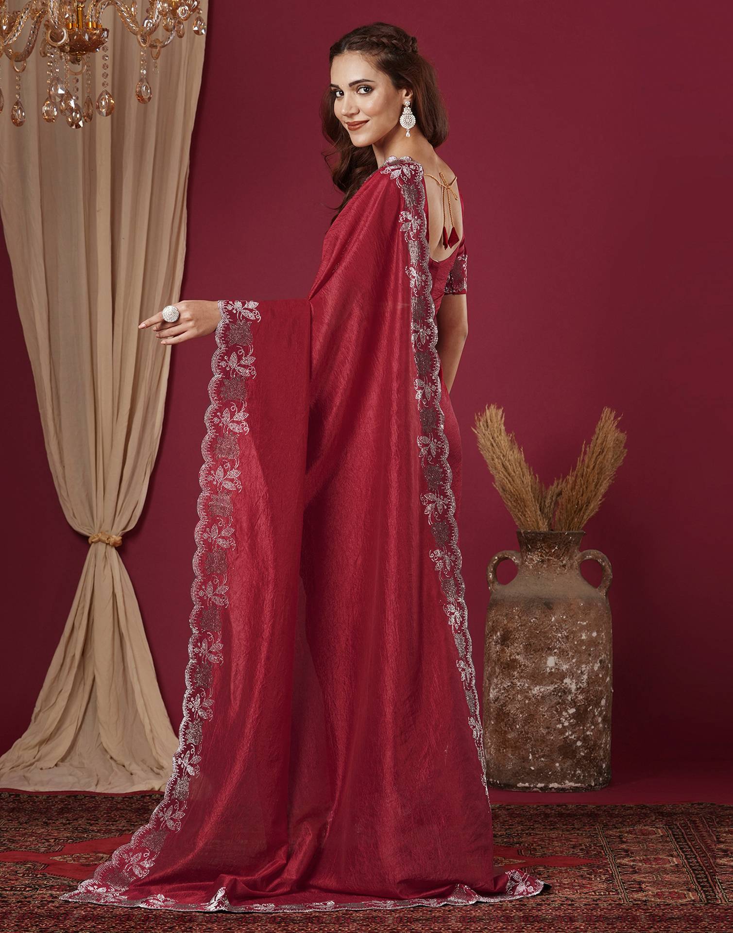 Dark Pink Chinnon Stone Work Swarovski Saree