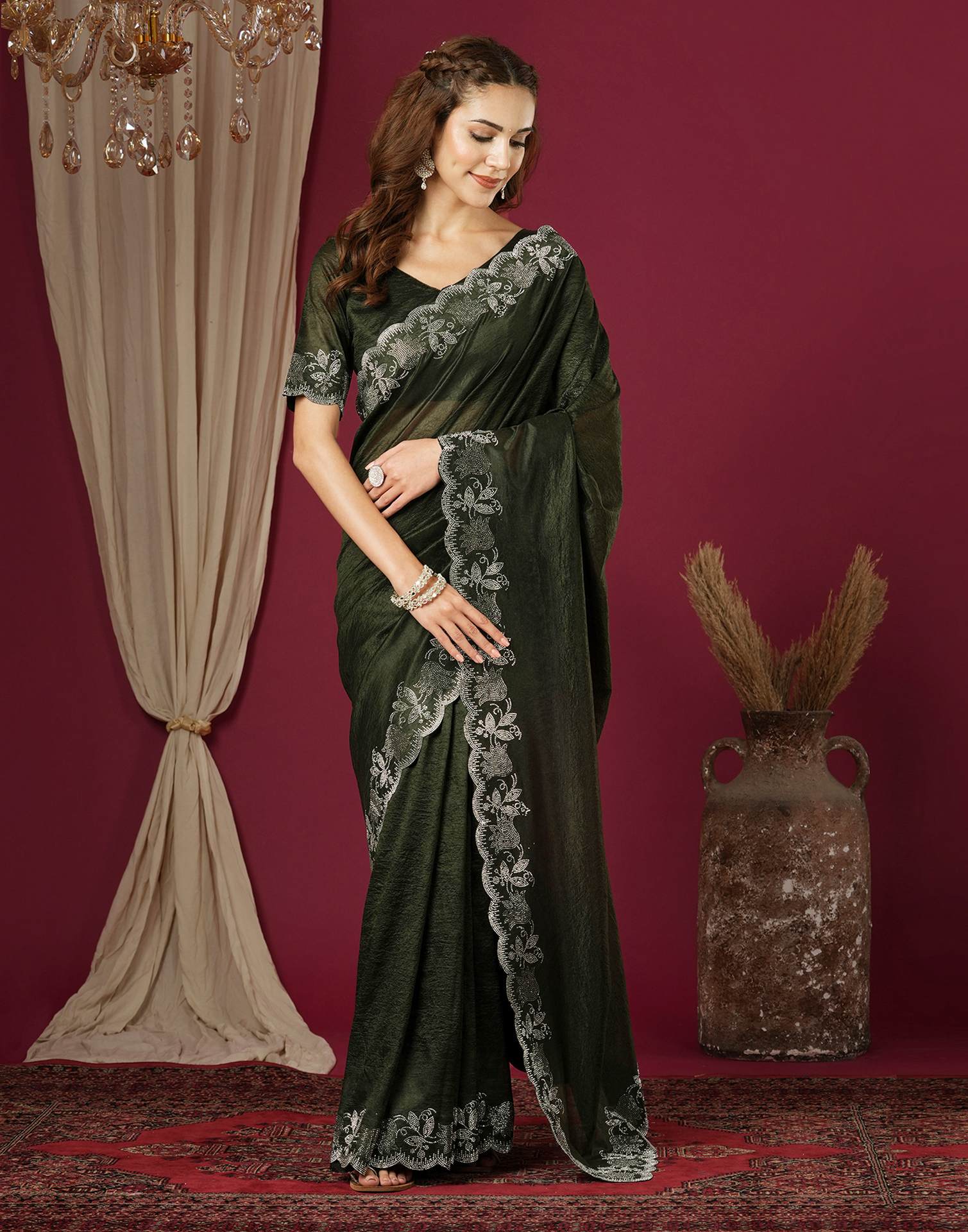 Dark Green Chinnon Stone Work Swarovski Saree