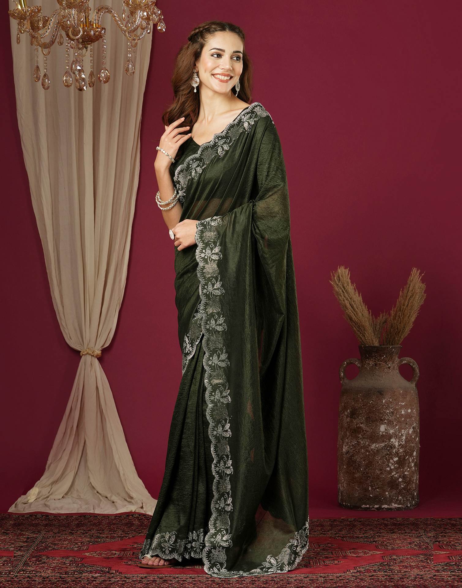 Dark Green Chinnon Stone Work Swarovski Saree