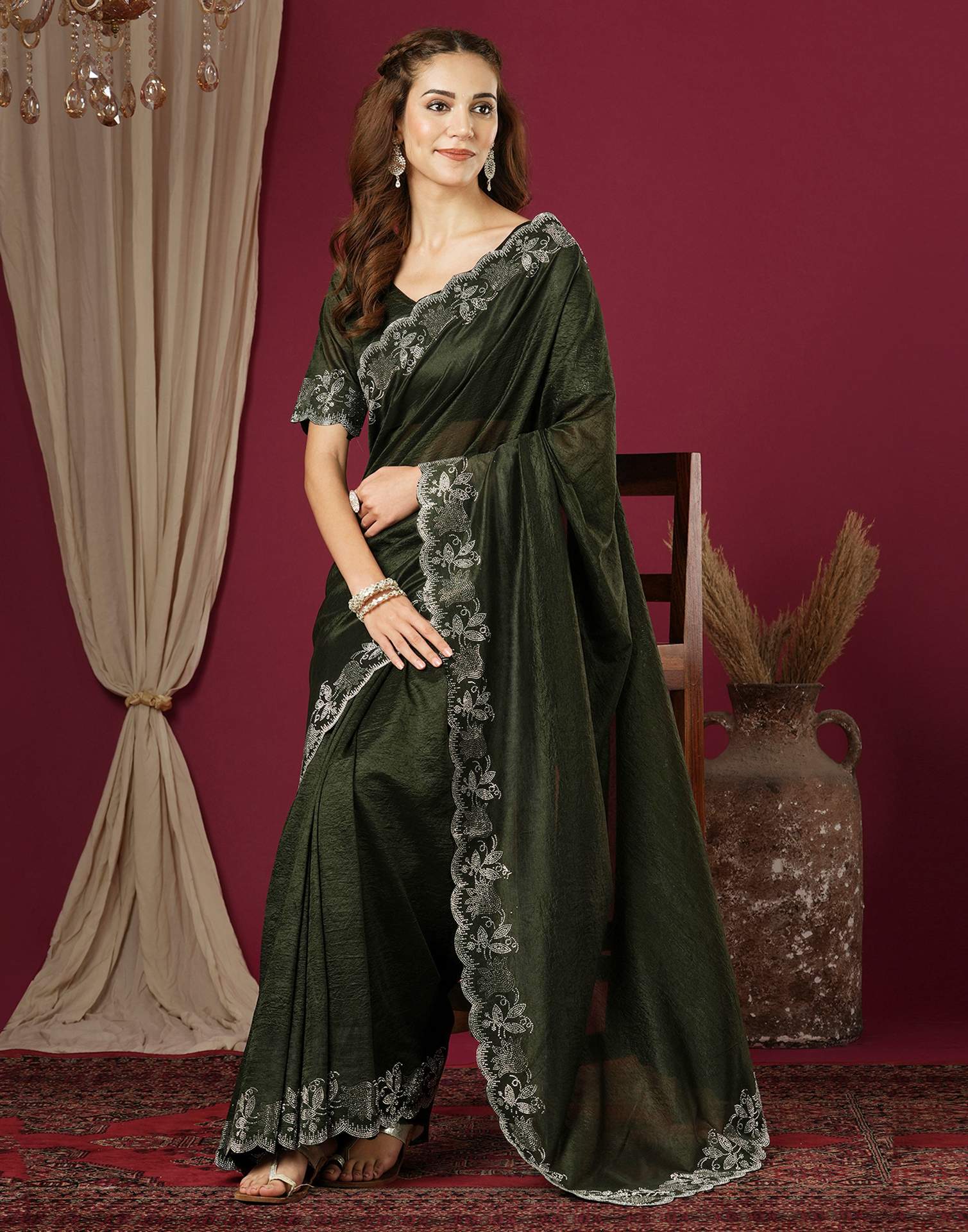 Dark Green Chinnon Stone Work Swarovski Saree