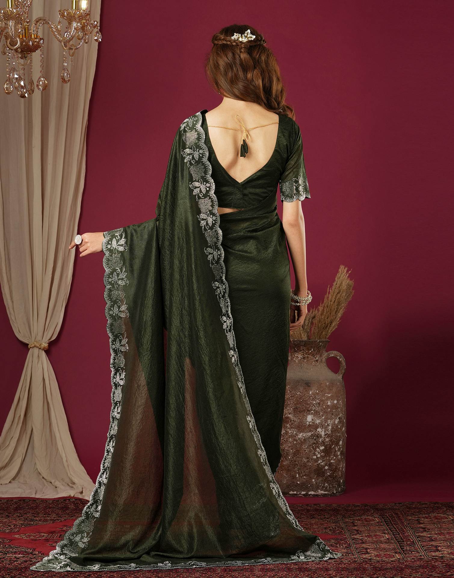 Dark Green Chinnon Stone Work Swarovski Saree