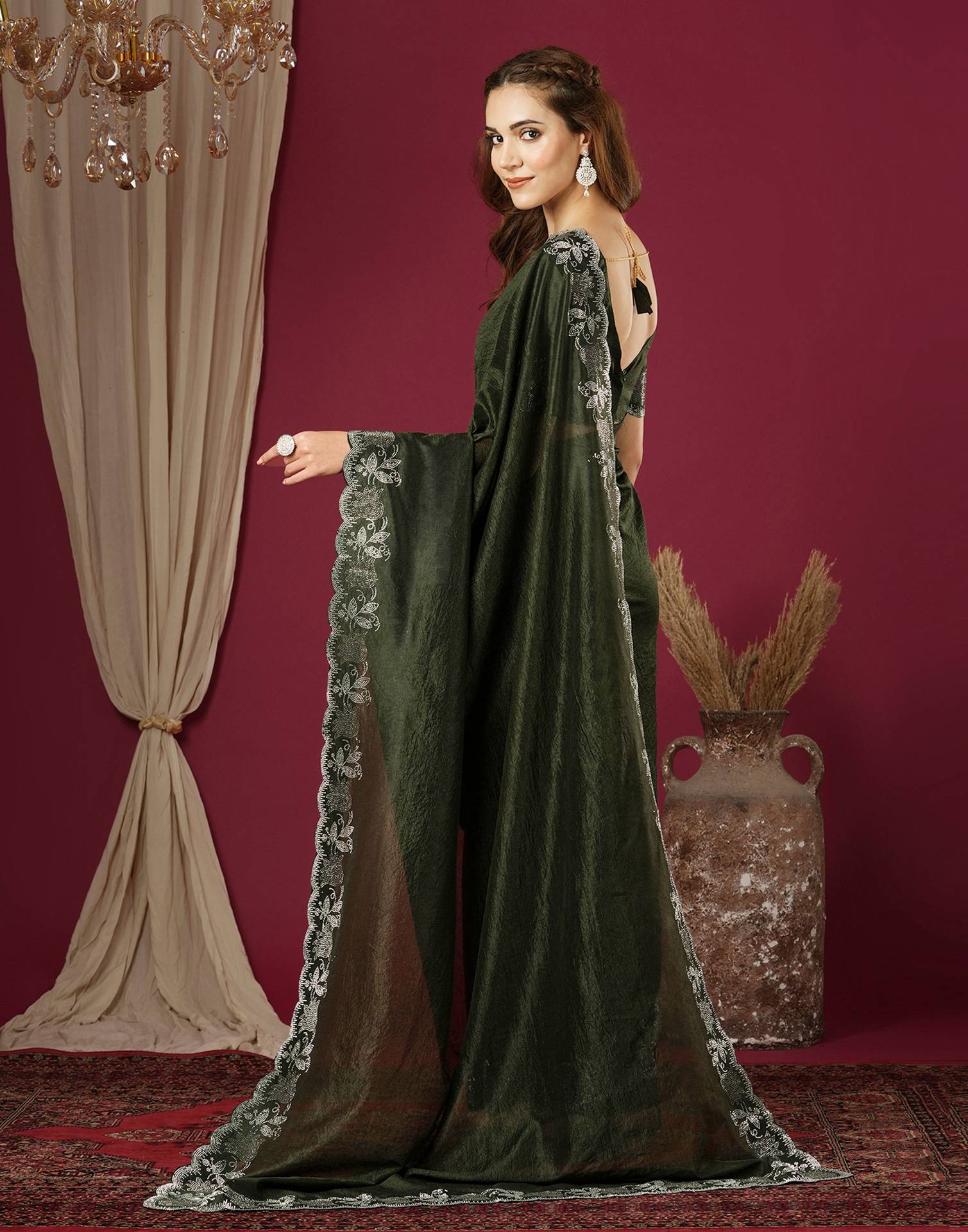 Dark Green Chinnon Stone Work Swarovski Saree