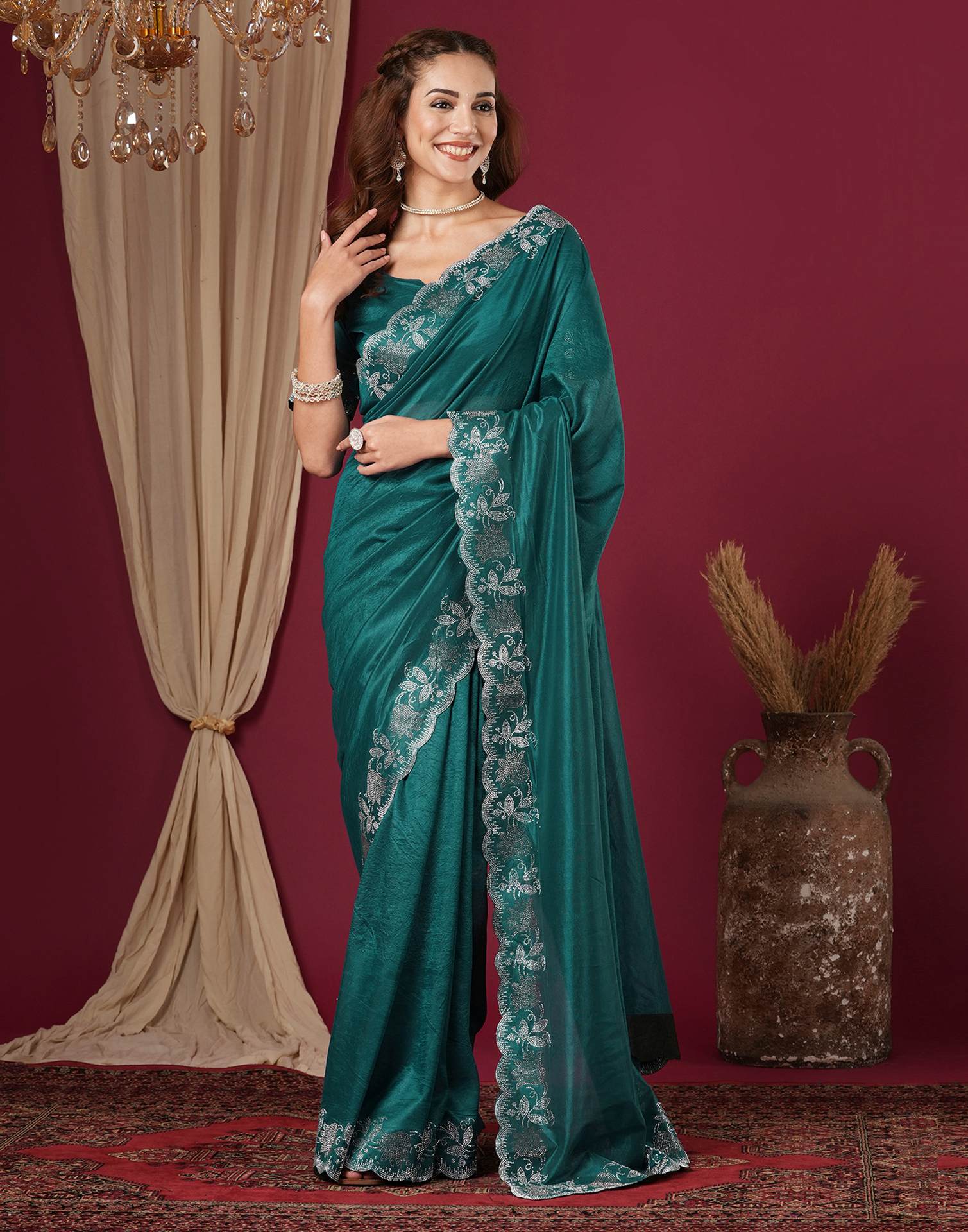 Teal Blue Chinnon Stone Work Swarovski Saree