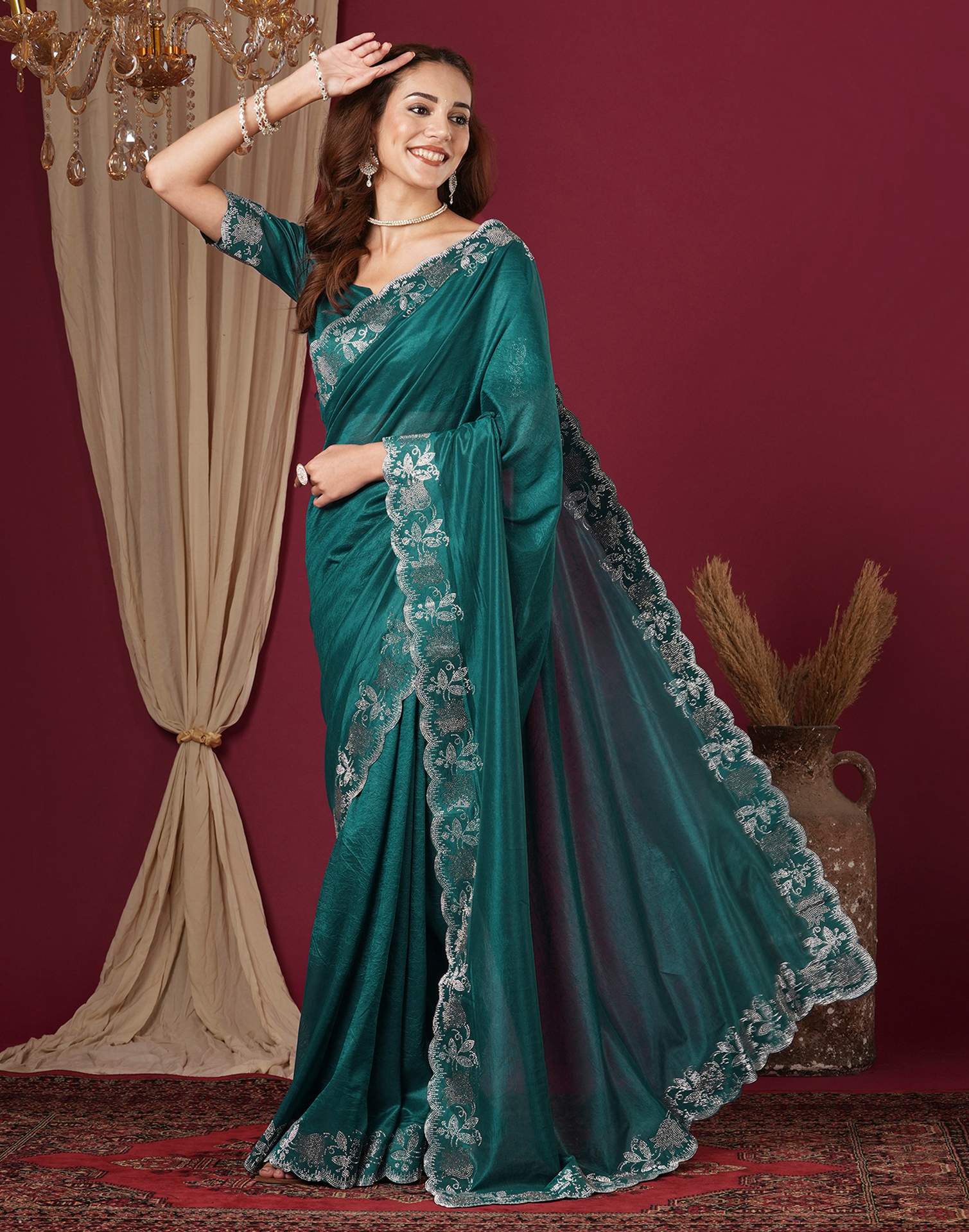 Teal Blue Chinnon Stone Work Swarovski Saree