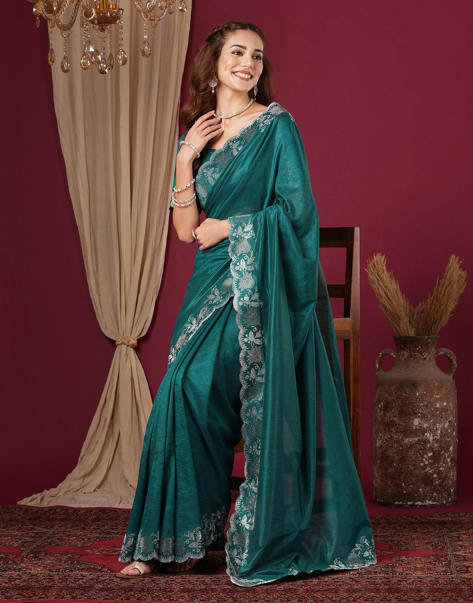 Teal Blue Chinnon Stone Work Swarovski Saree