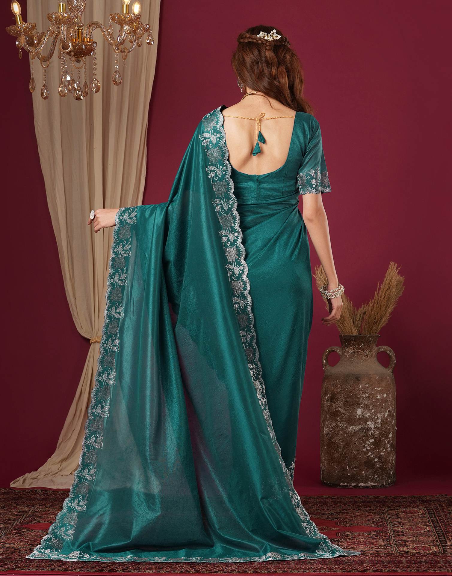 Teal Blue Chinnon Stone Work Swarovski Saree