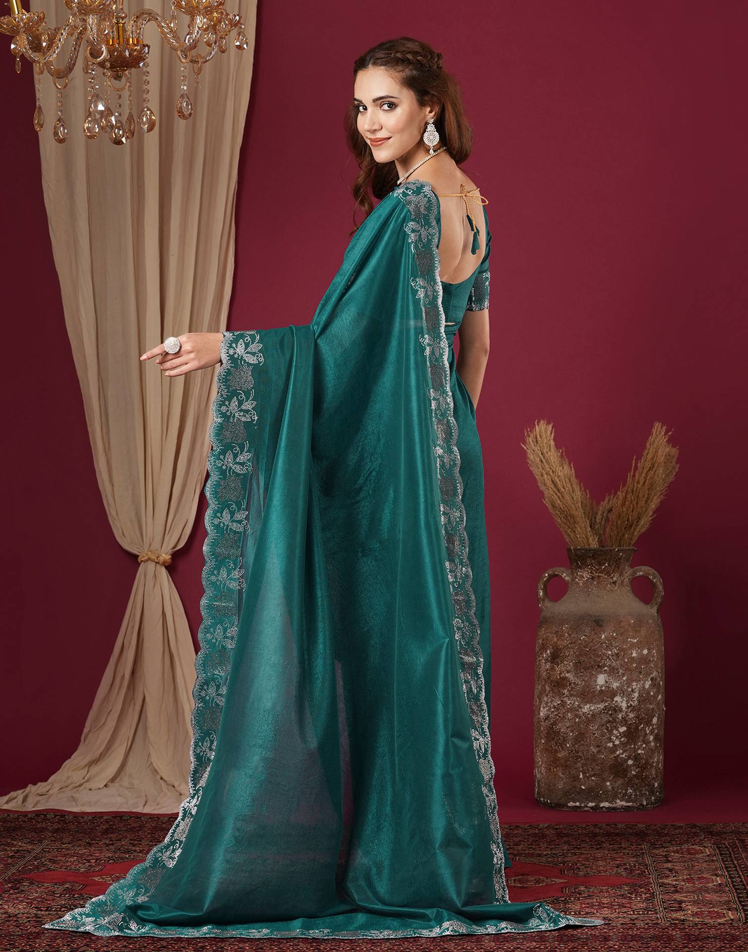 Teal Blue Chinnon Stone Work Swarovski Saree
