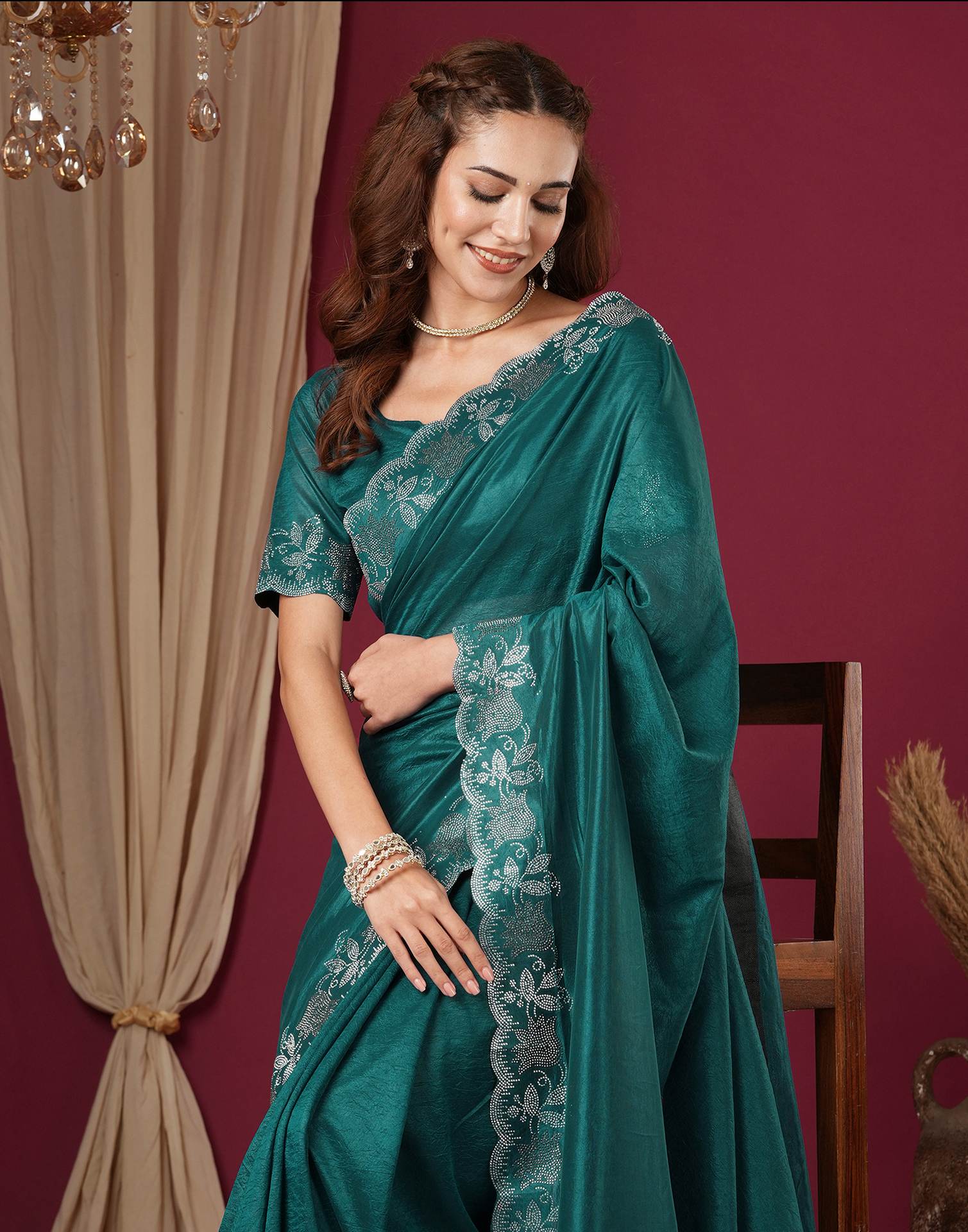 Teal Blue Chinnon Stone Work Swarovski Saree