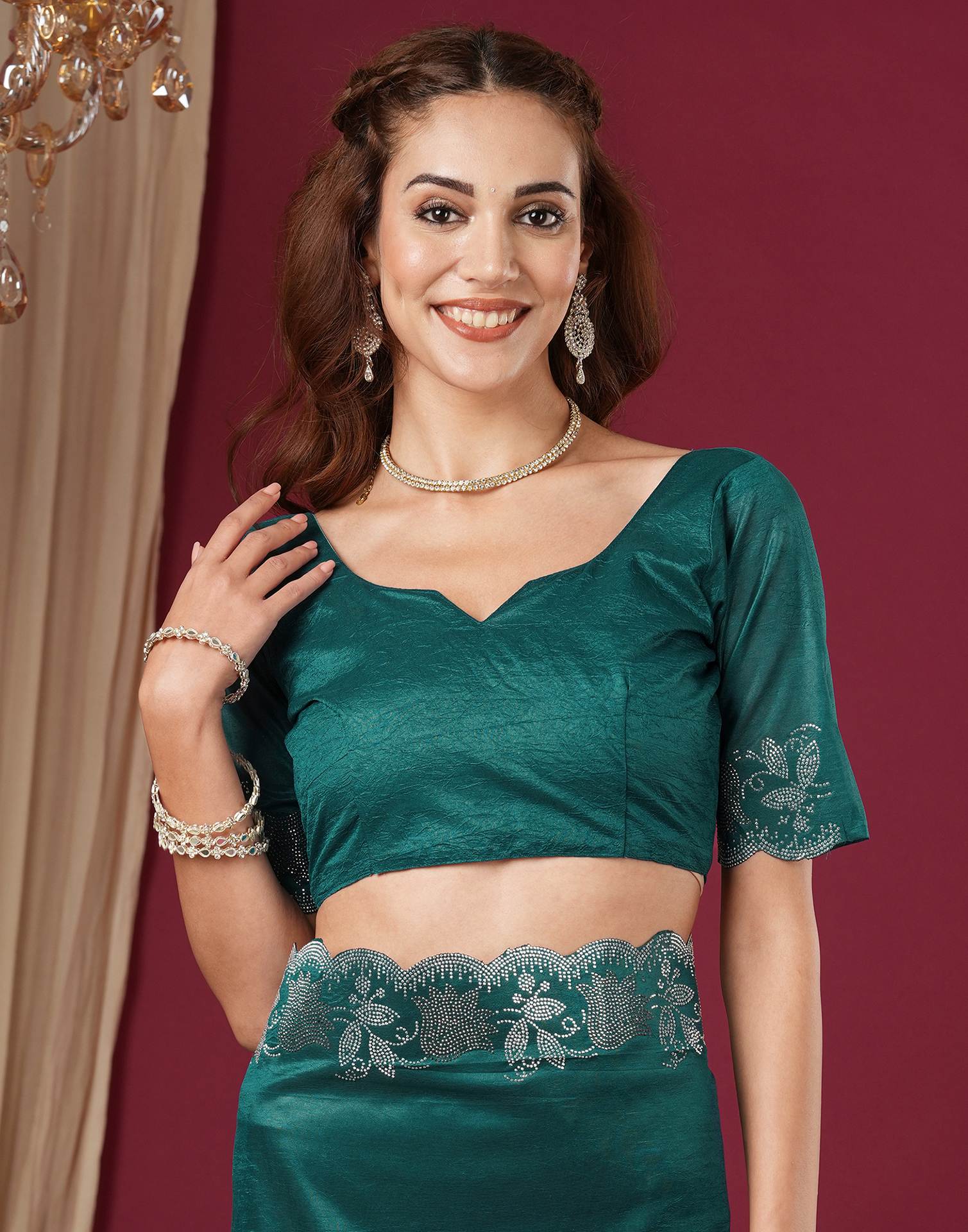 Teal Blue Chinnon Stone Work Swarovski Saree