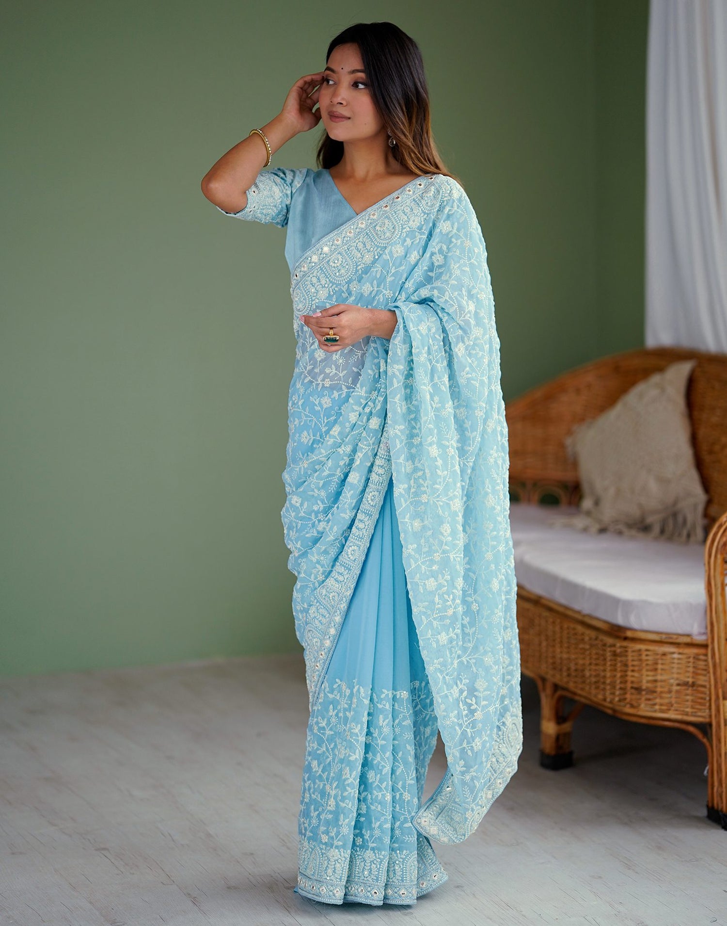 Sky Blue Georgette Embroidery Saree