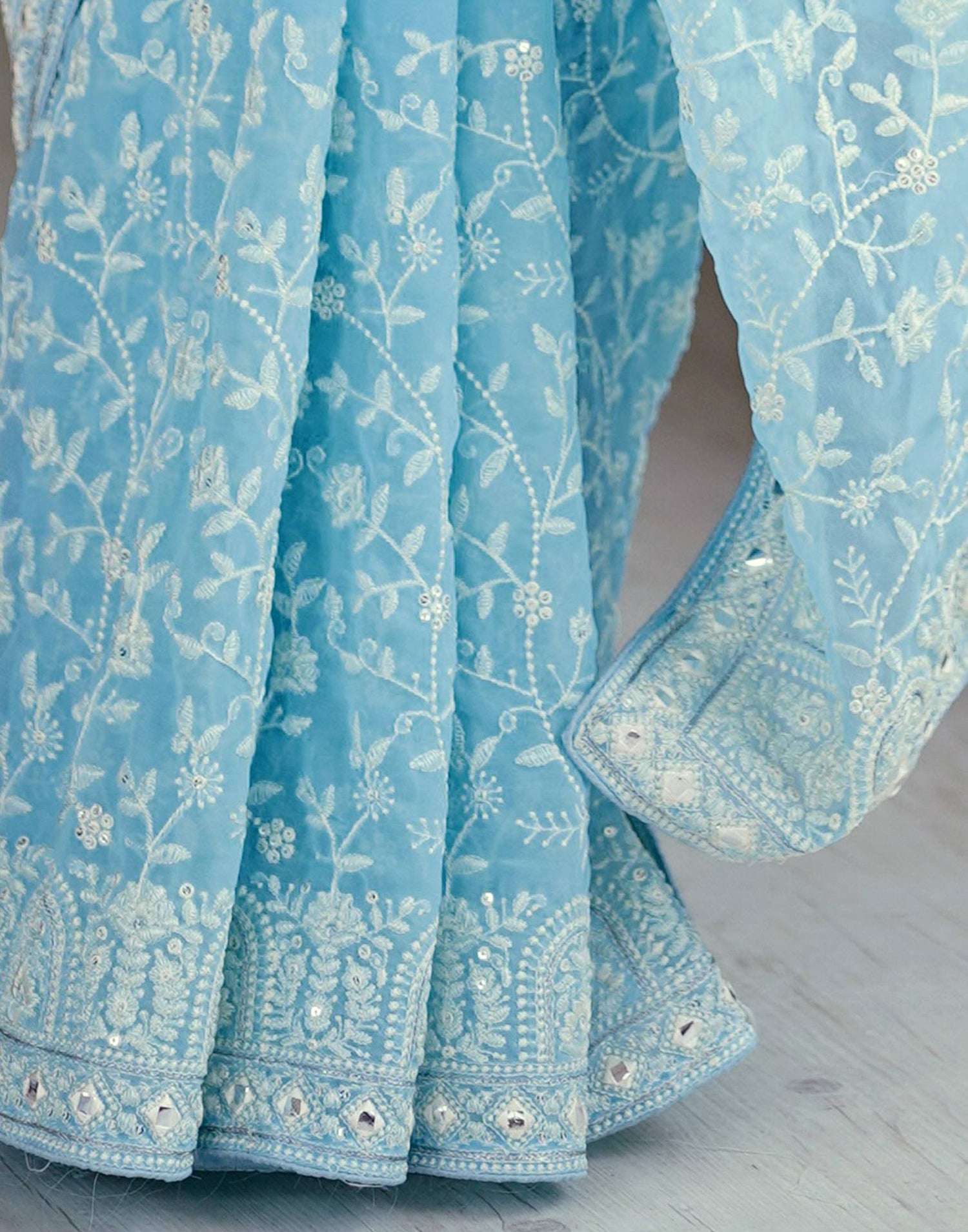 Sky Blue Georgette Embroidery Saree
