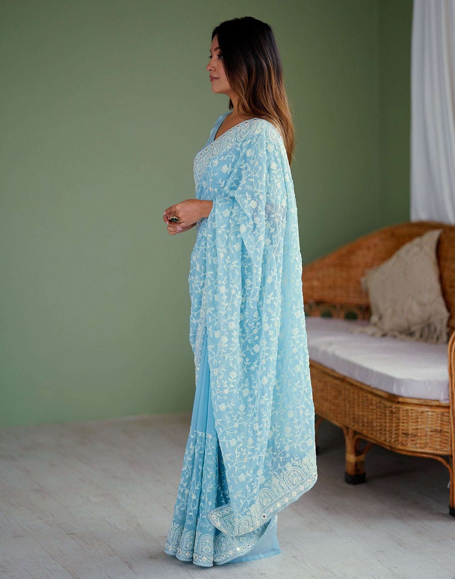Sky Blue Georgette Embroidery Saree
