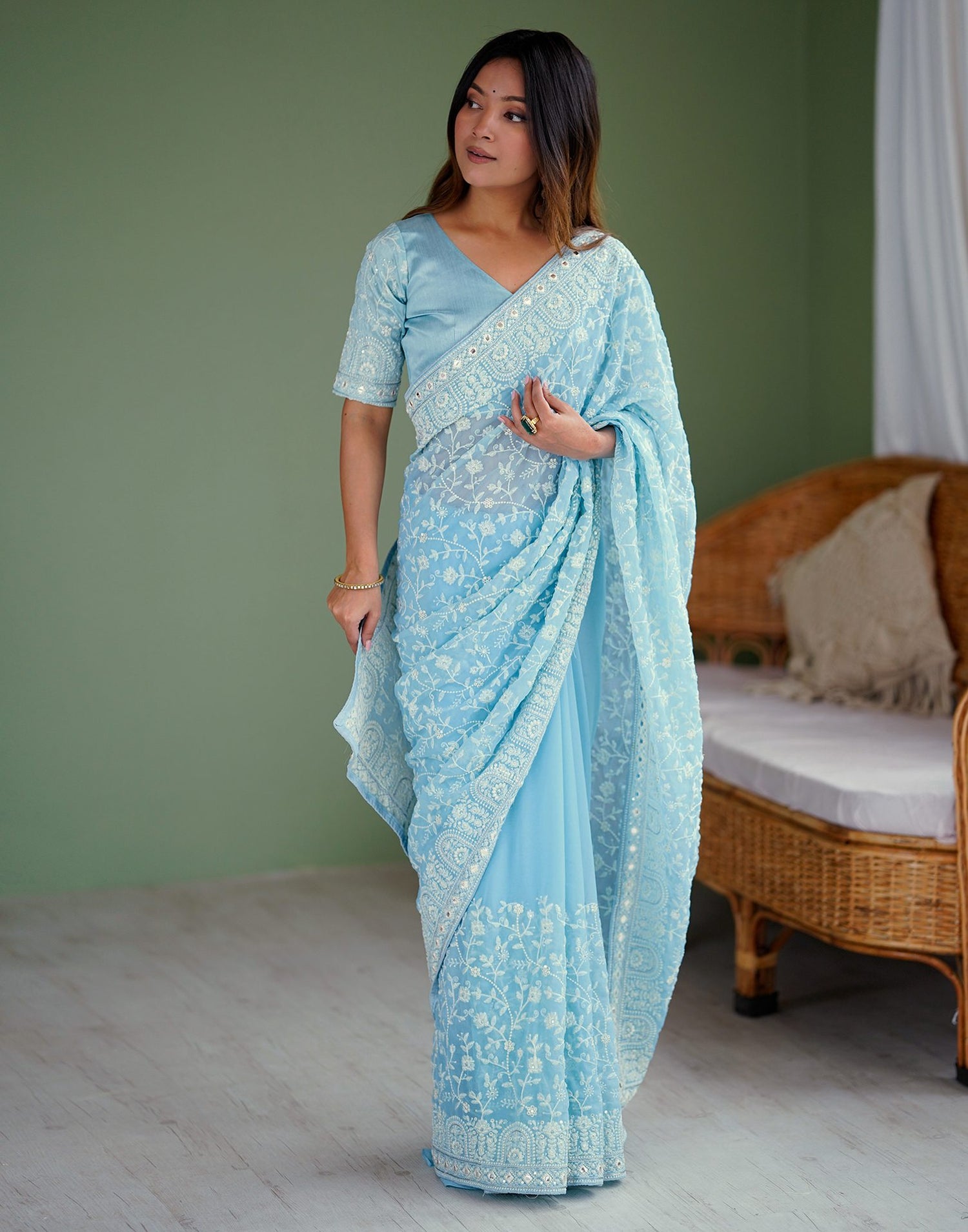 Sky Blue Georgette Embroidery Saree