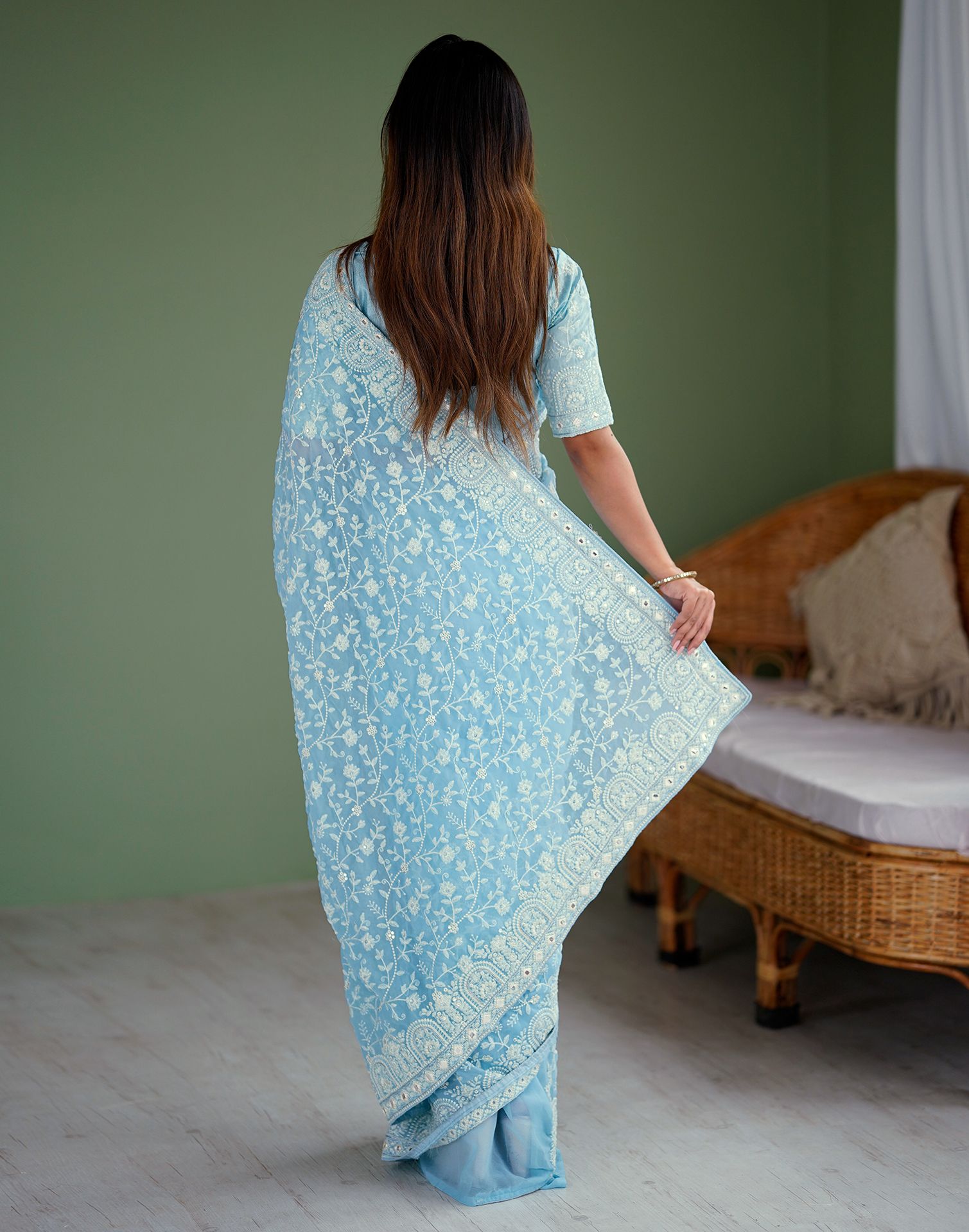 Sky Blue Georgette Embroidery Saree
