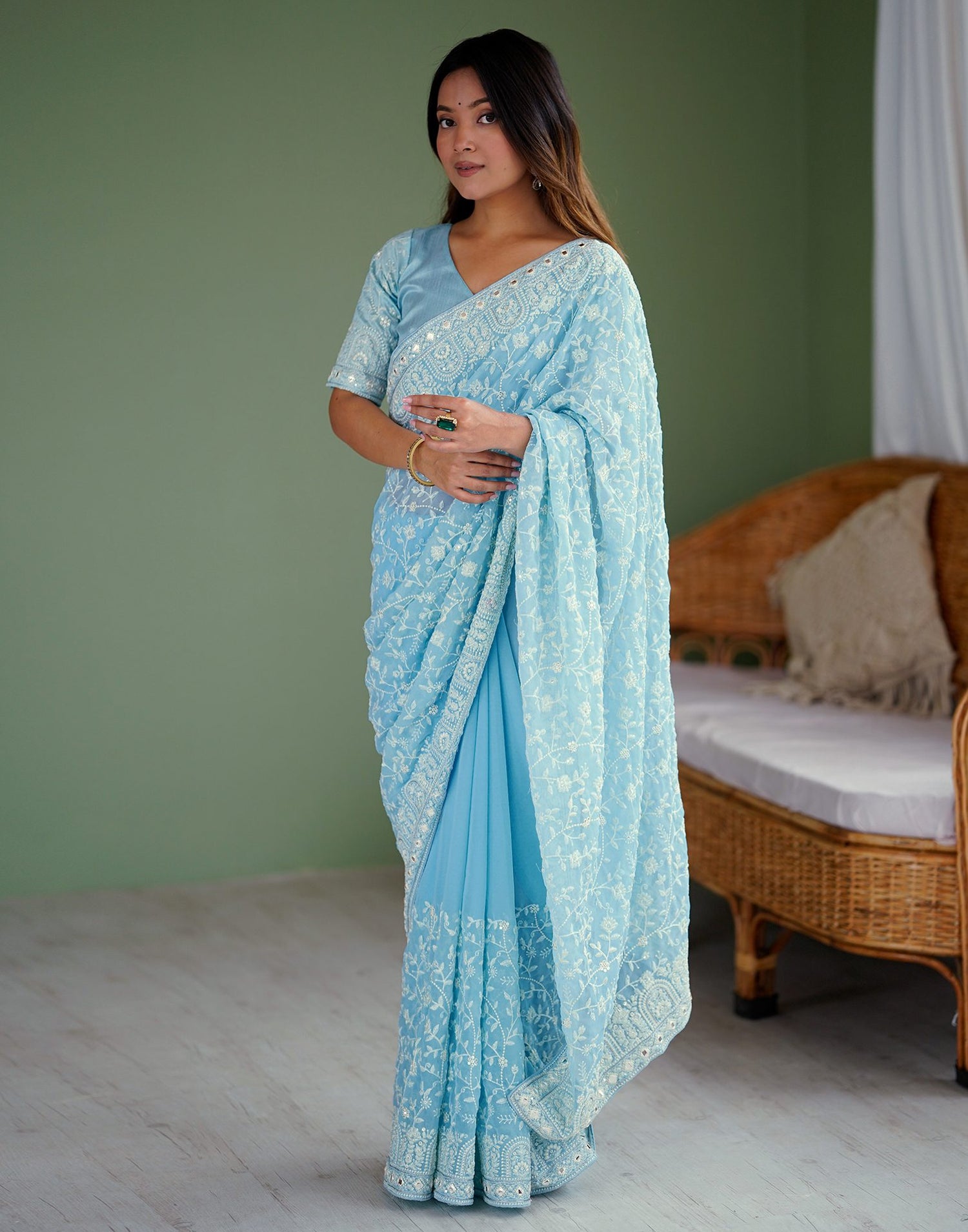 Sky Blue Georgette Embroidery Saree