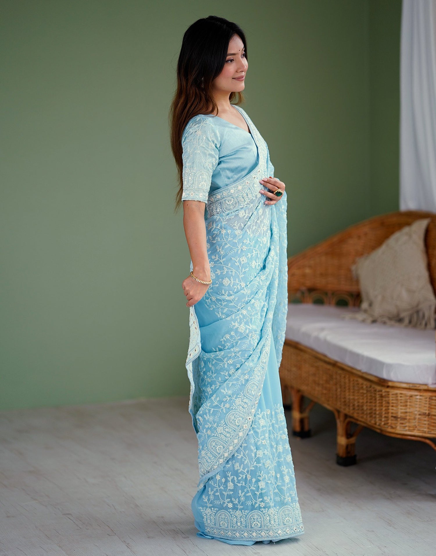 Sky Blue Georgette Embroidery Saree