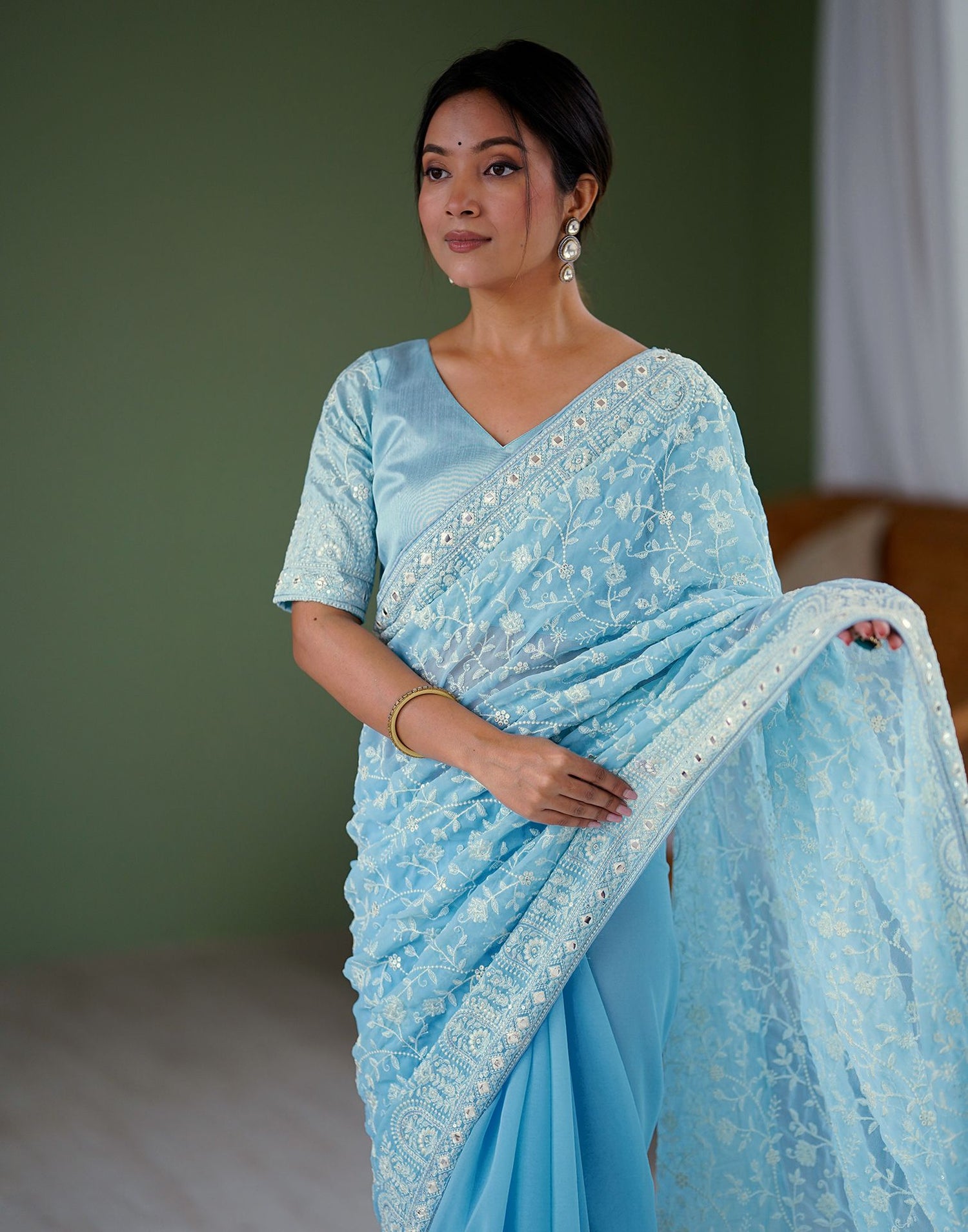 Sky Blue Georgette Embroidery Saree