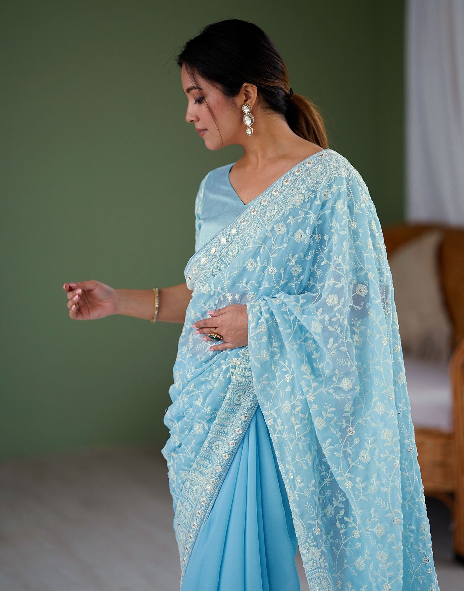 Sky Blue Georgette Embroidery Saree