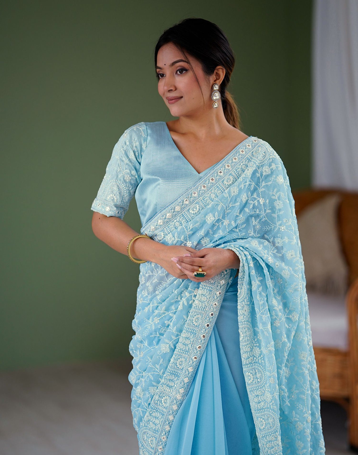 Sky Blue Georgette Embroidery Saree