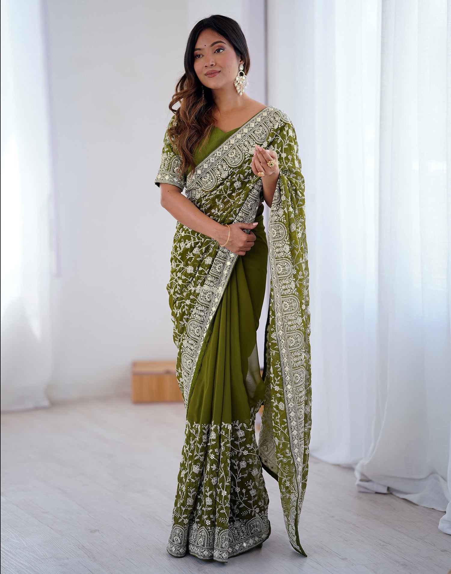 Olive Green Georgette Embroidery Saree