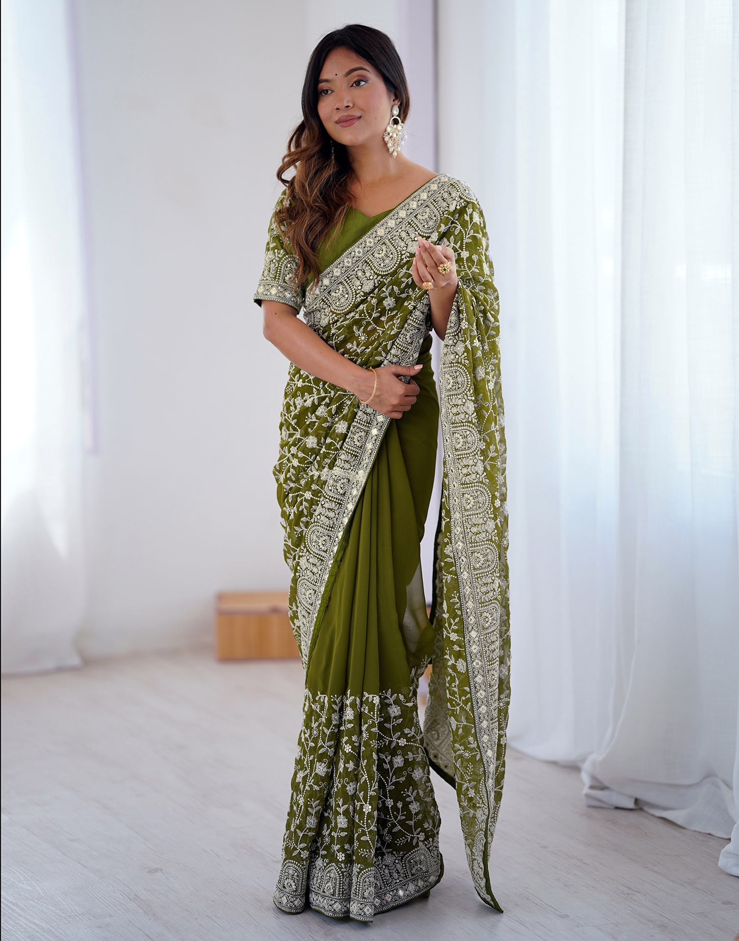 Olive Green Georgette Embroidery Saree
