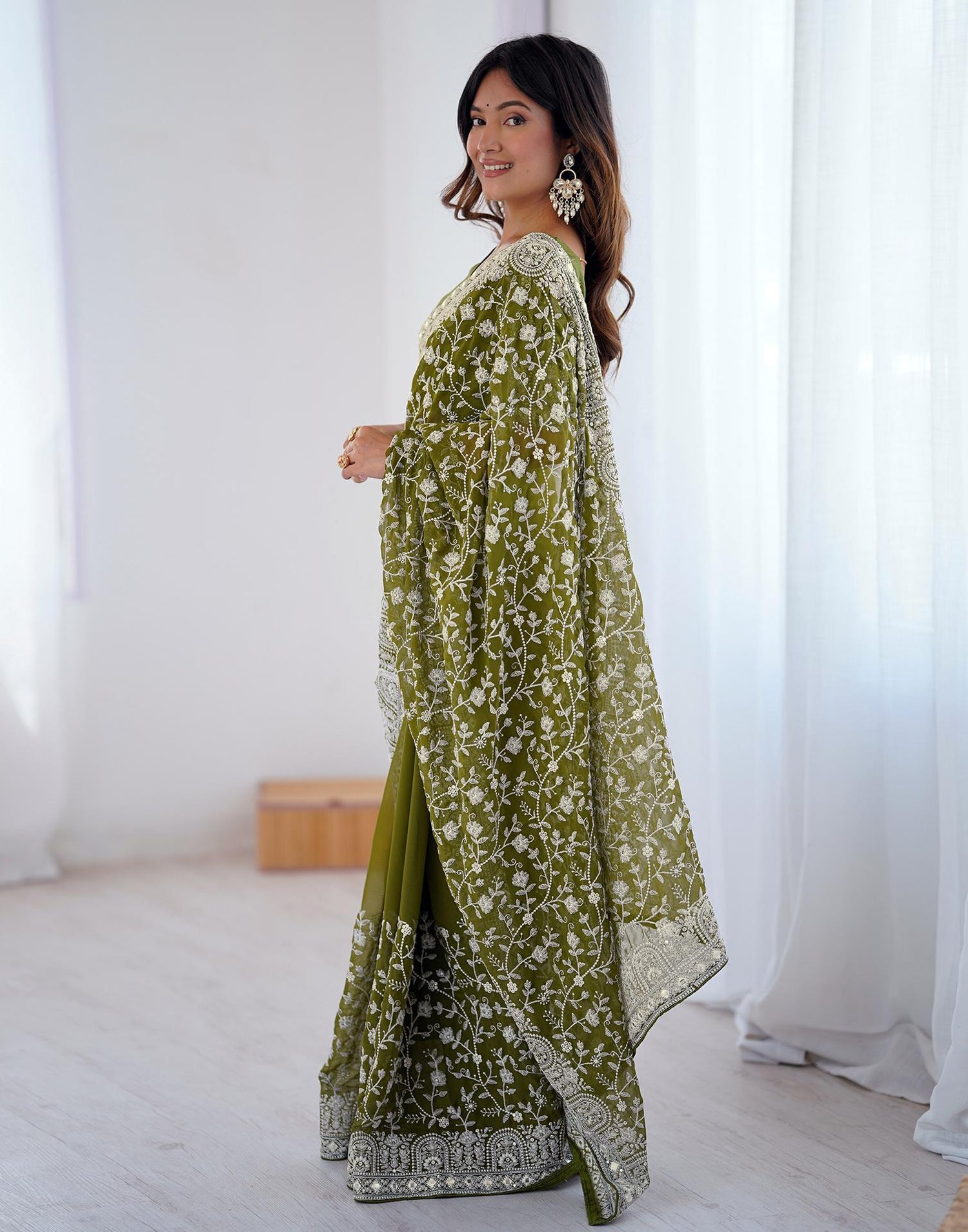 Olive Green Georgette Embroidery Saree