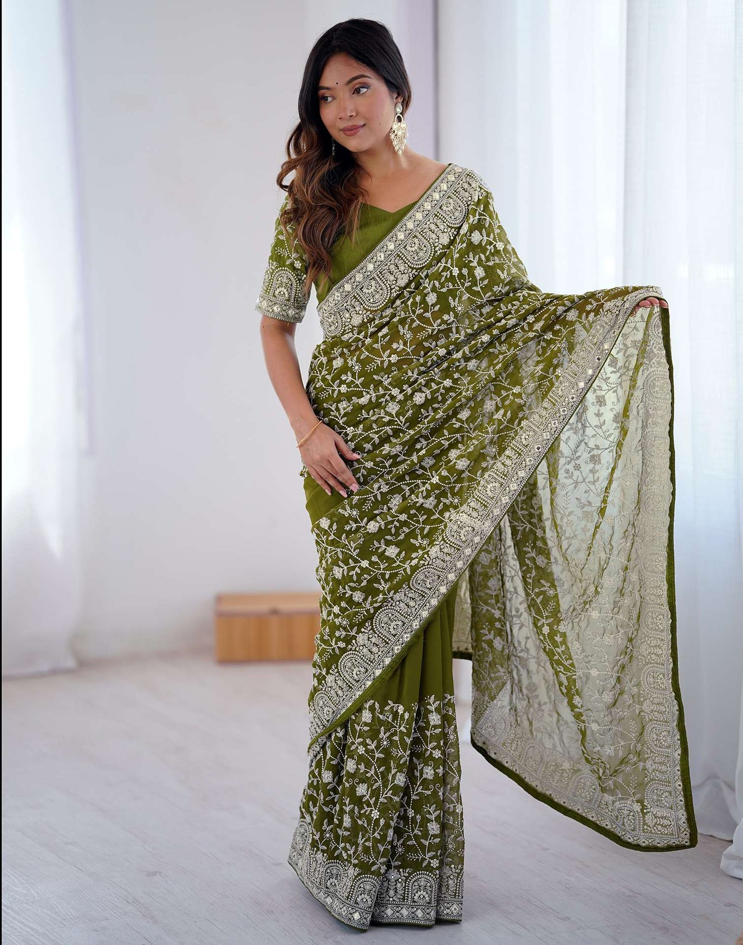 Olive Green Georgette Embroidery Saree