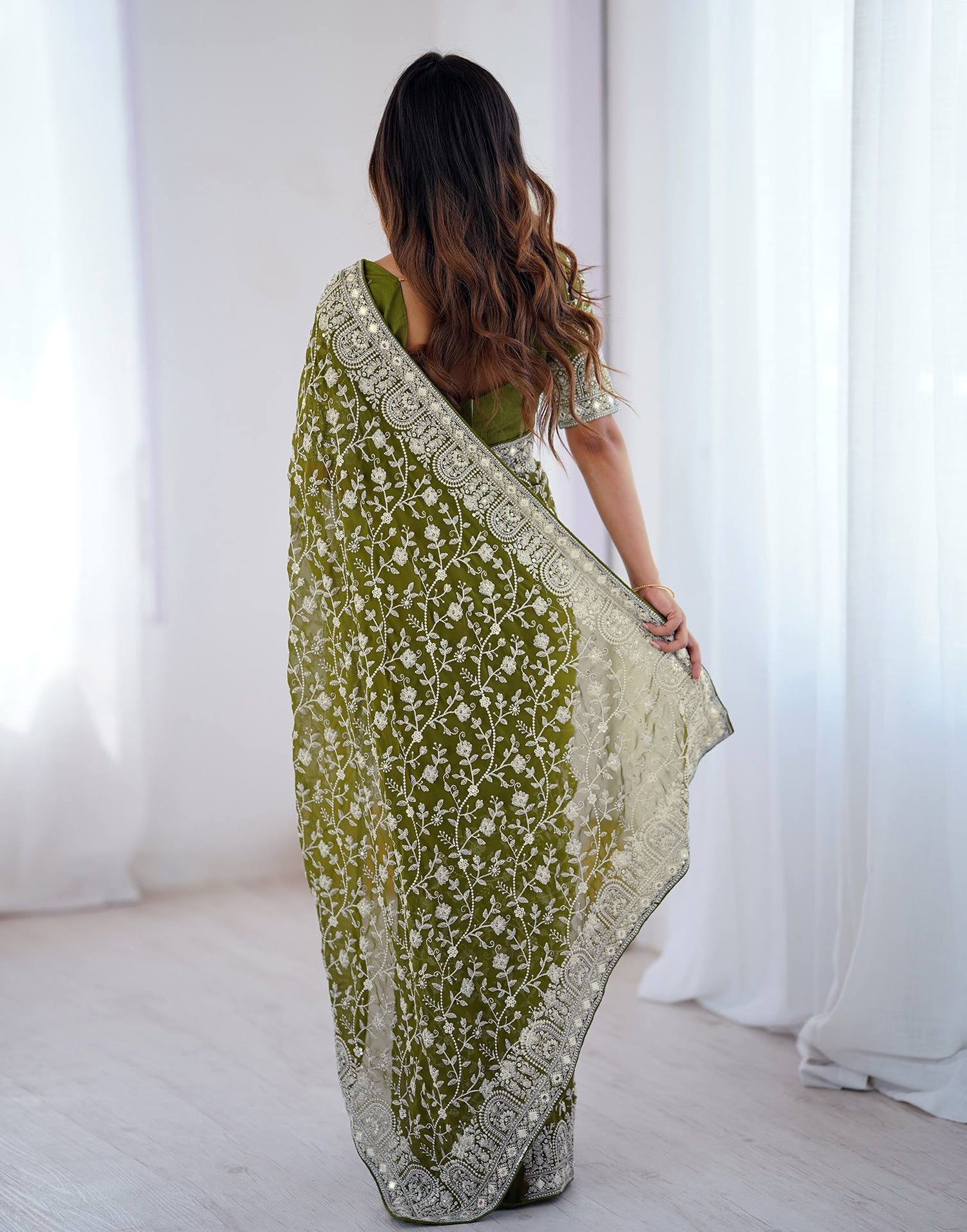 Olive Green Georgette Embroidery Saree