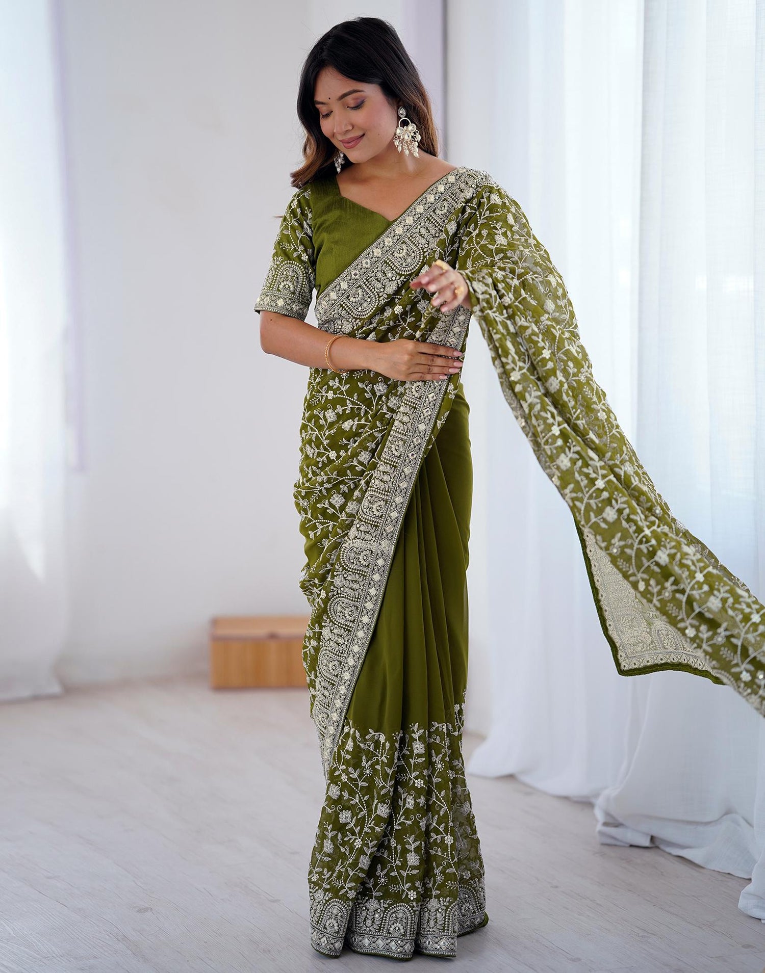 Olive Green Georgette Embroidery Saree