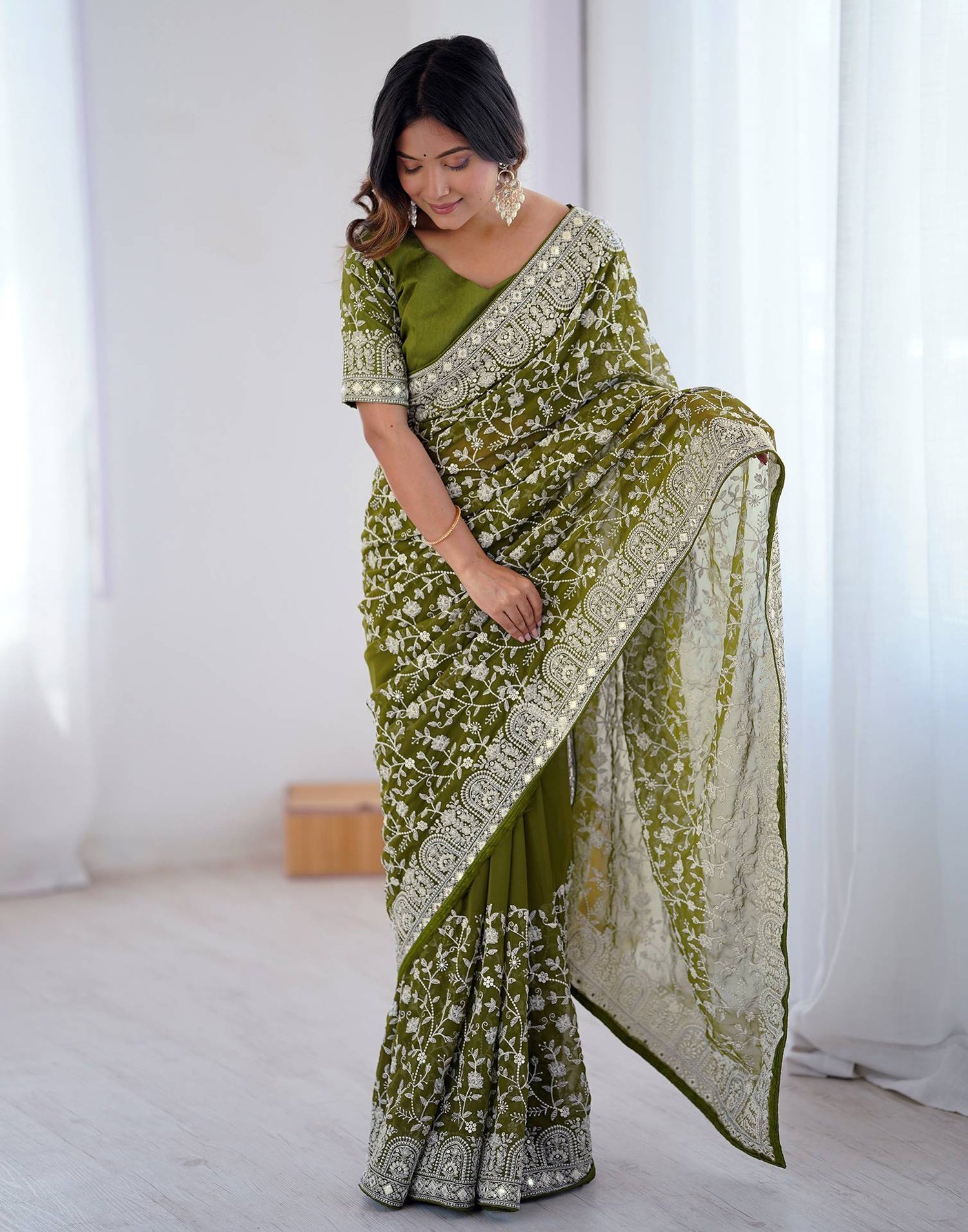 Olive Green Georgette Embroidery Saree