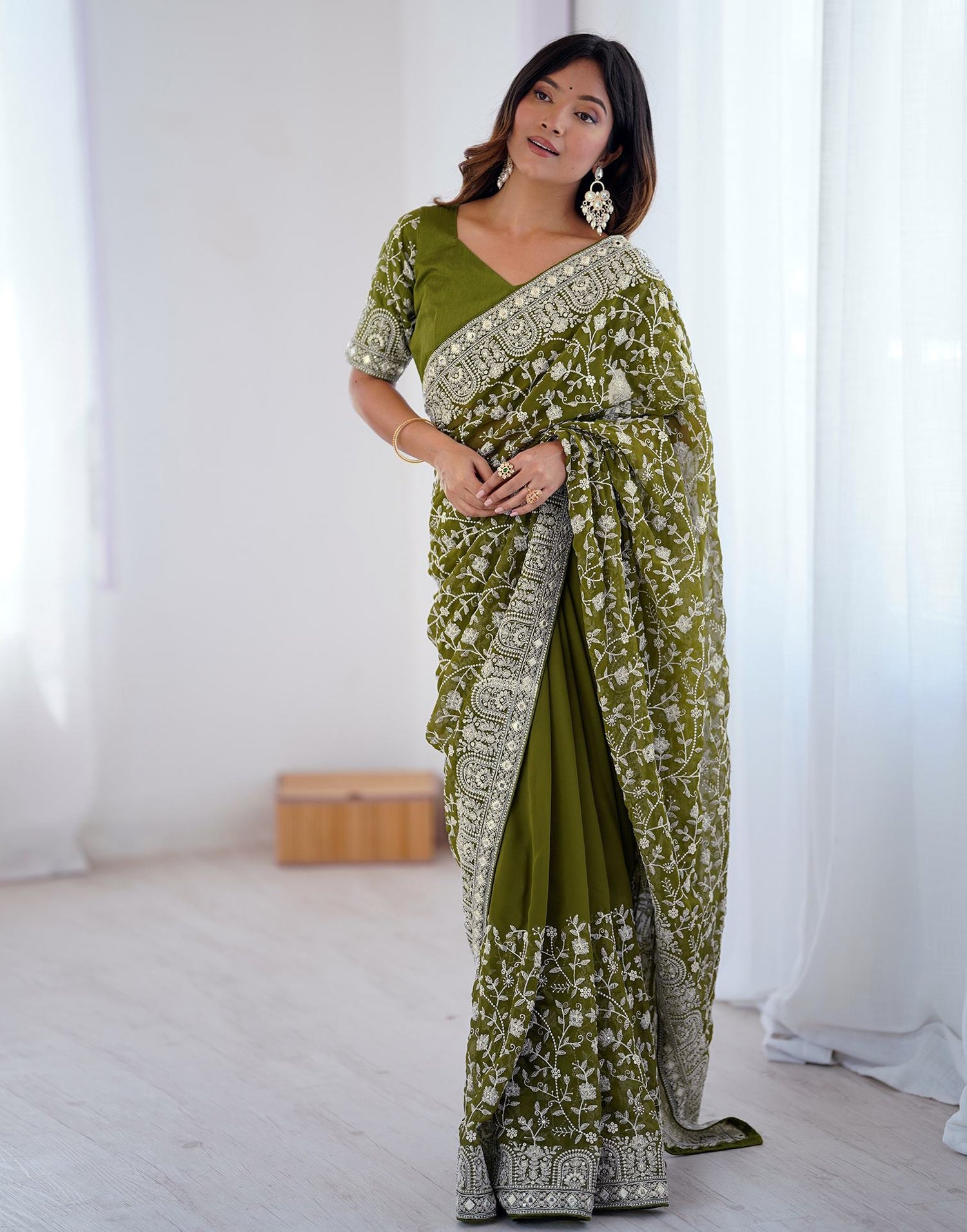 Olive Green Georgette Embroidery Saree