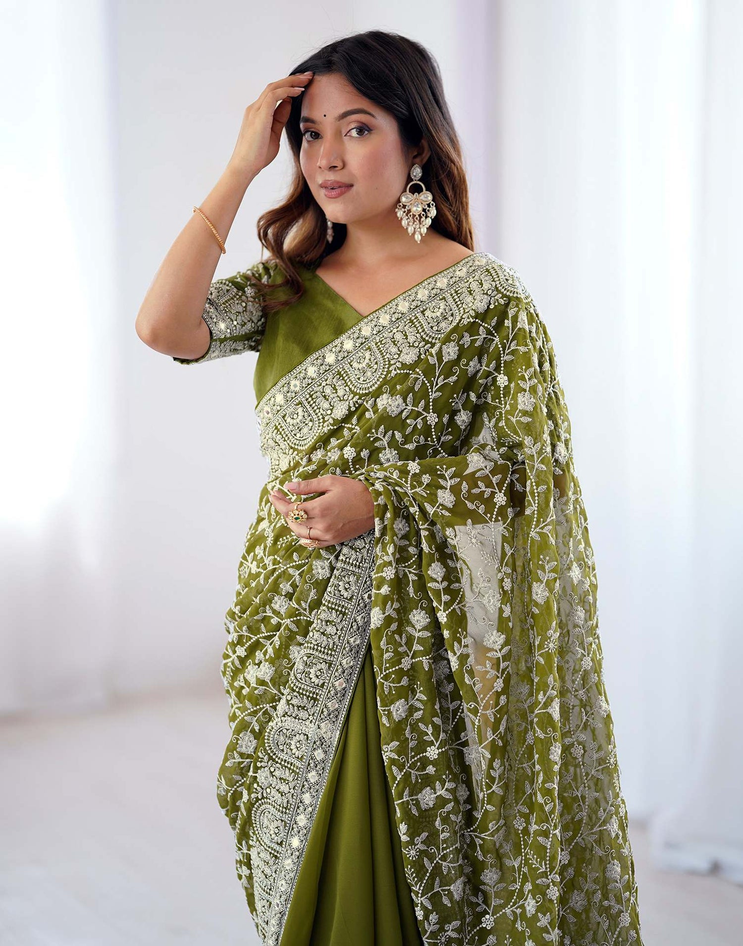 Olive Green Georgette Embroidery Saree