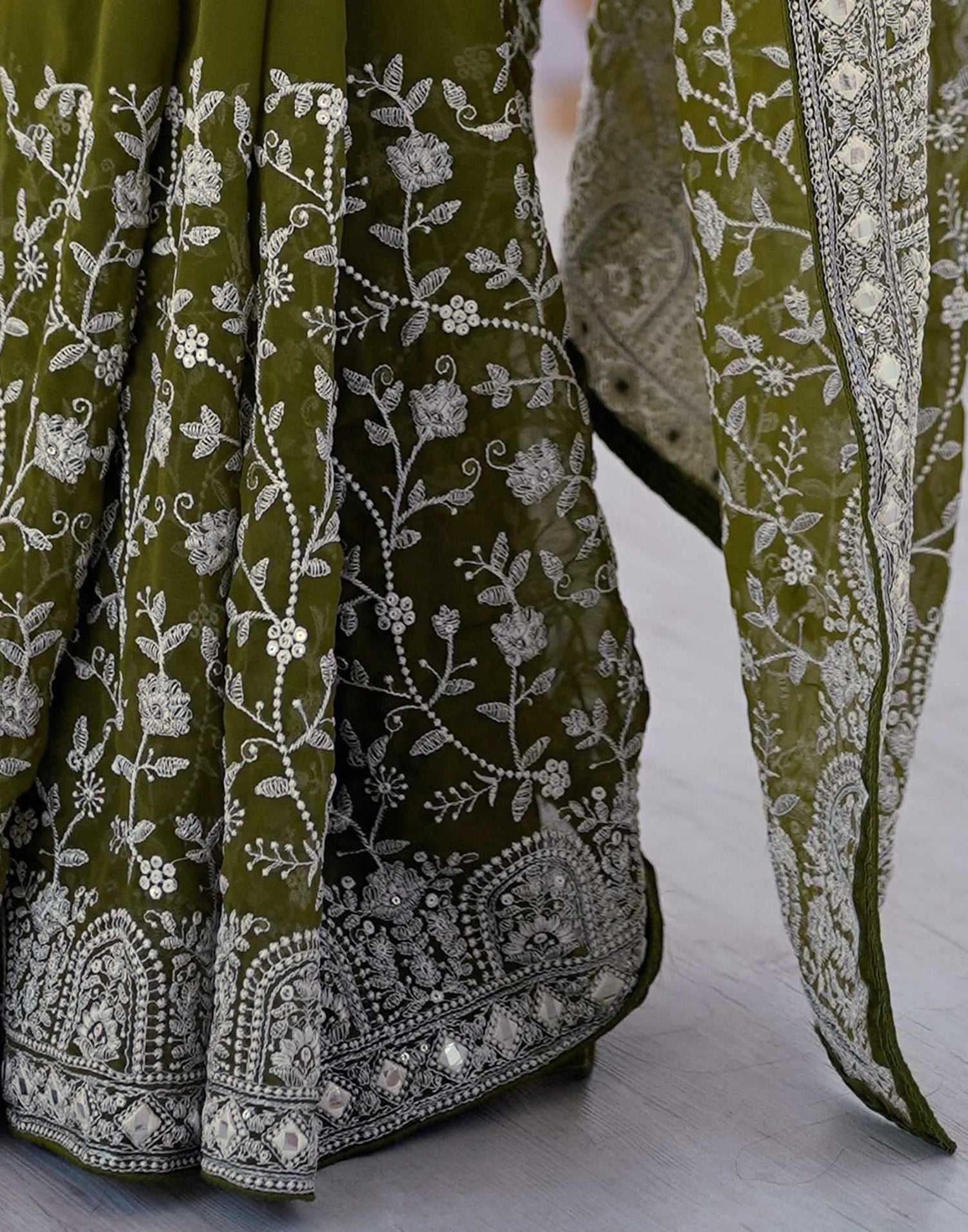Olive Green Georgette Embroidery Saree