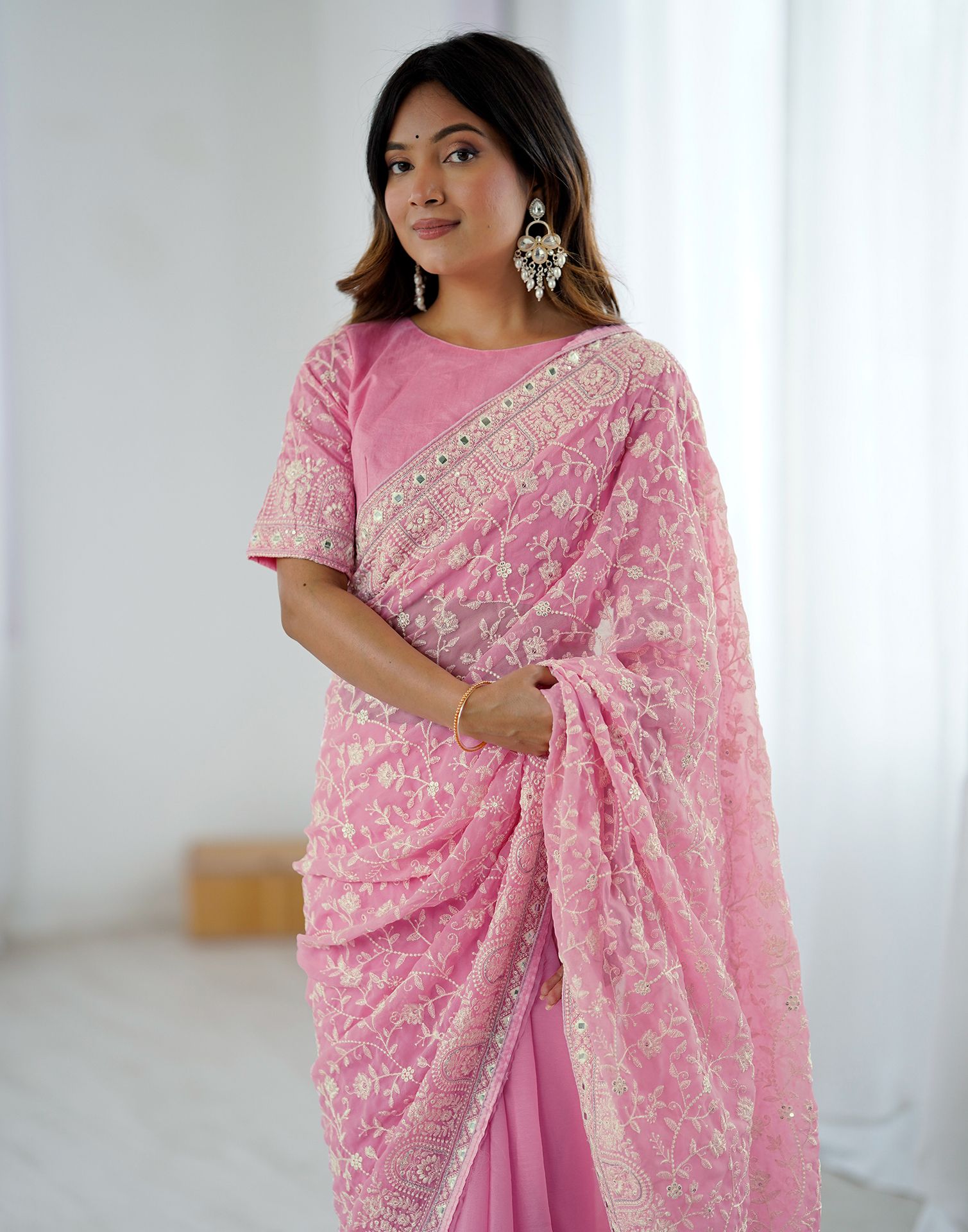 Pink Georgette Embroidery Saree