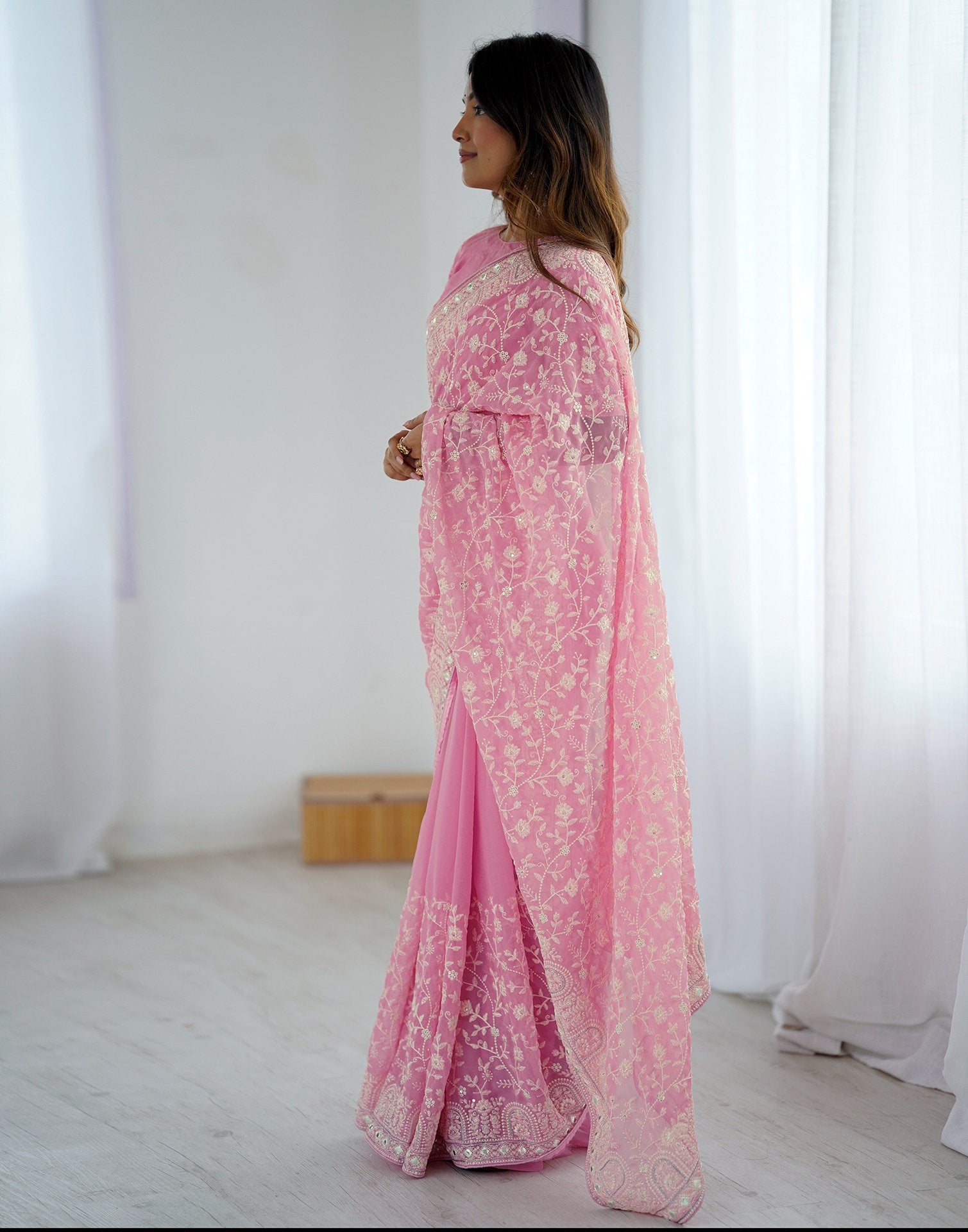 Pink Georgette Embroidery Saree