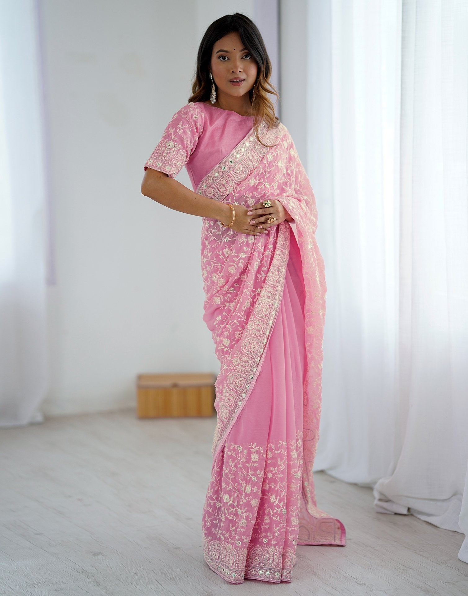 Pink Georgette Embroidery Saree