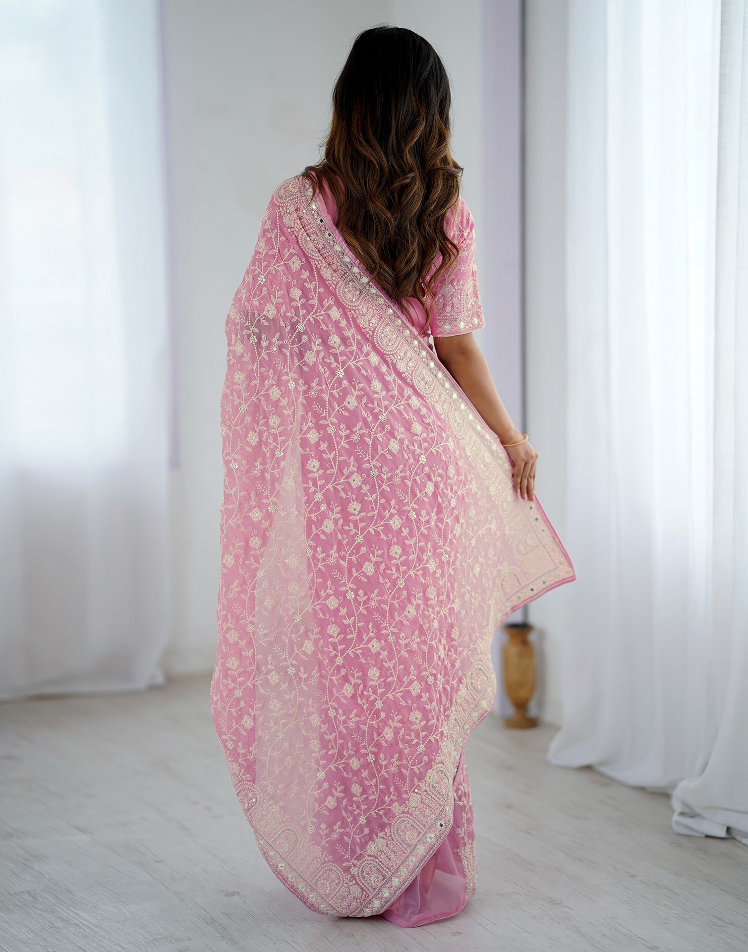 Pink Georgette Embroidery Saree