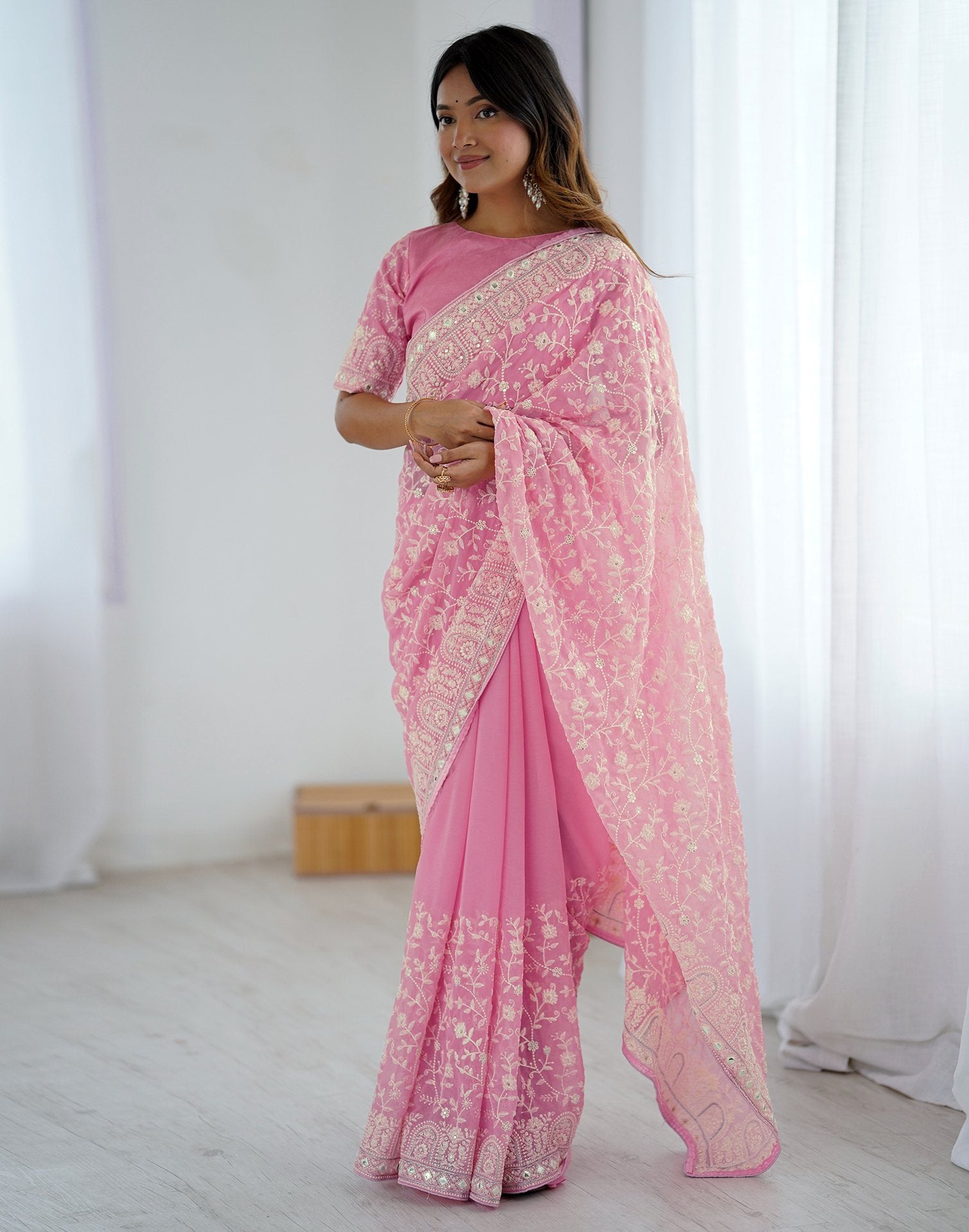 Pink Georgette Embroidery Saree