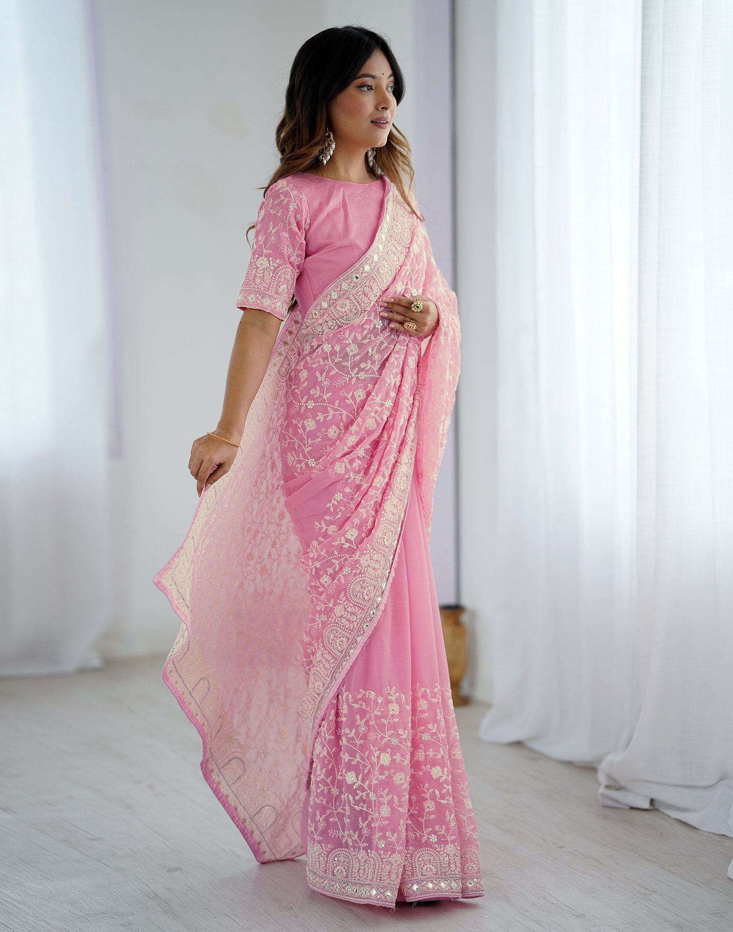 Pink Georgette Embroidery Saree