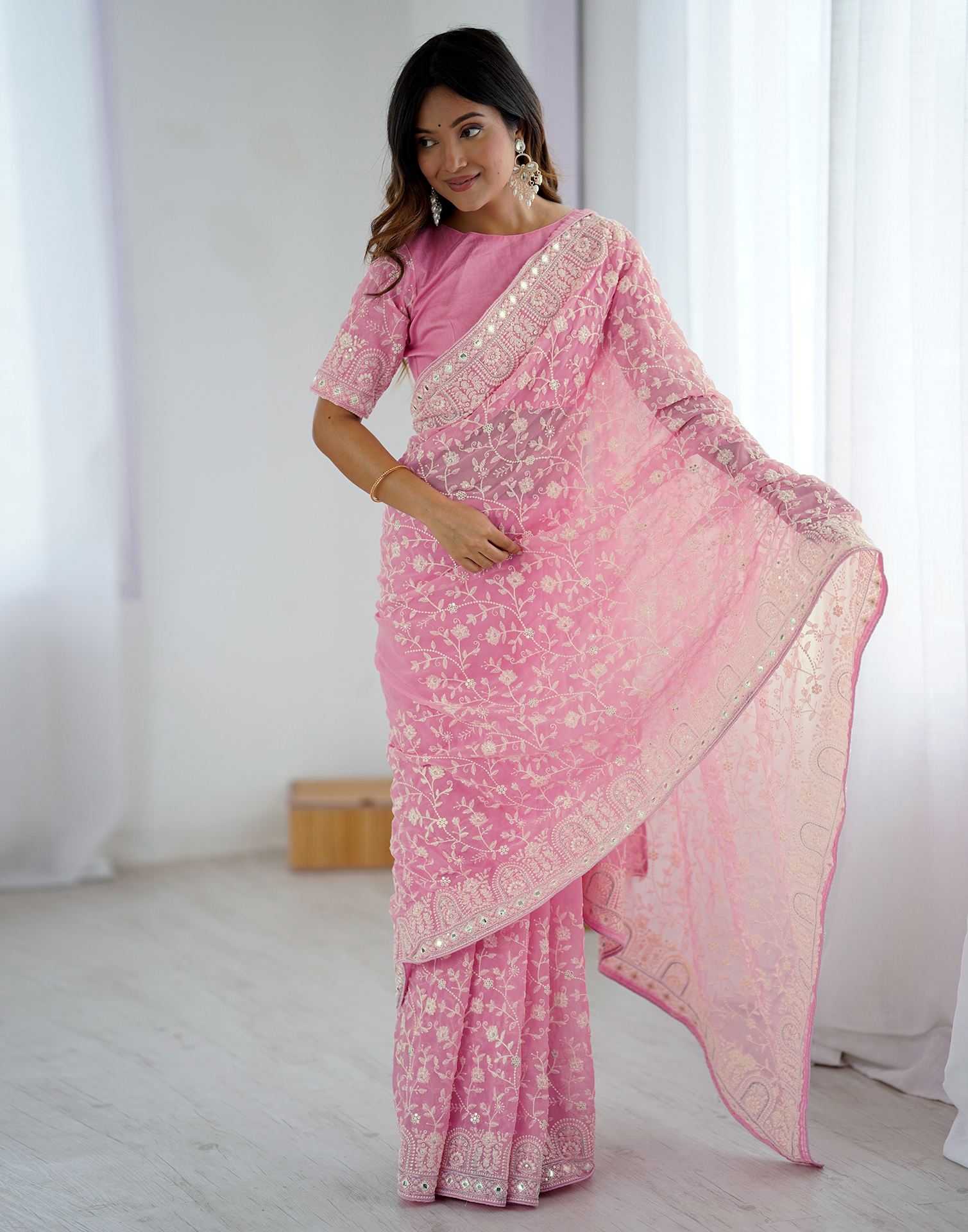 Pink Georgette Embroidery Saree