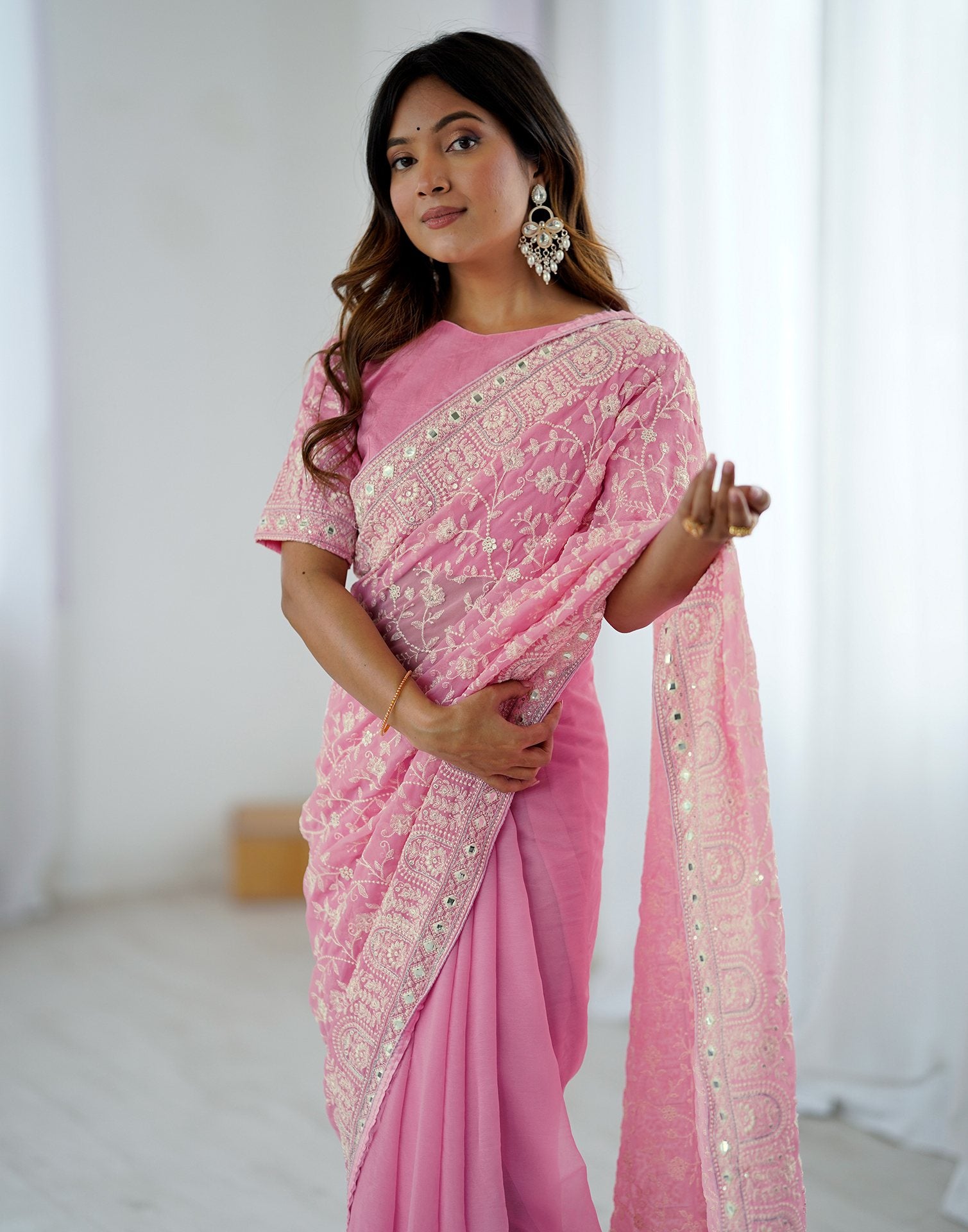 Pink Georgette Embroidery Saree