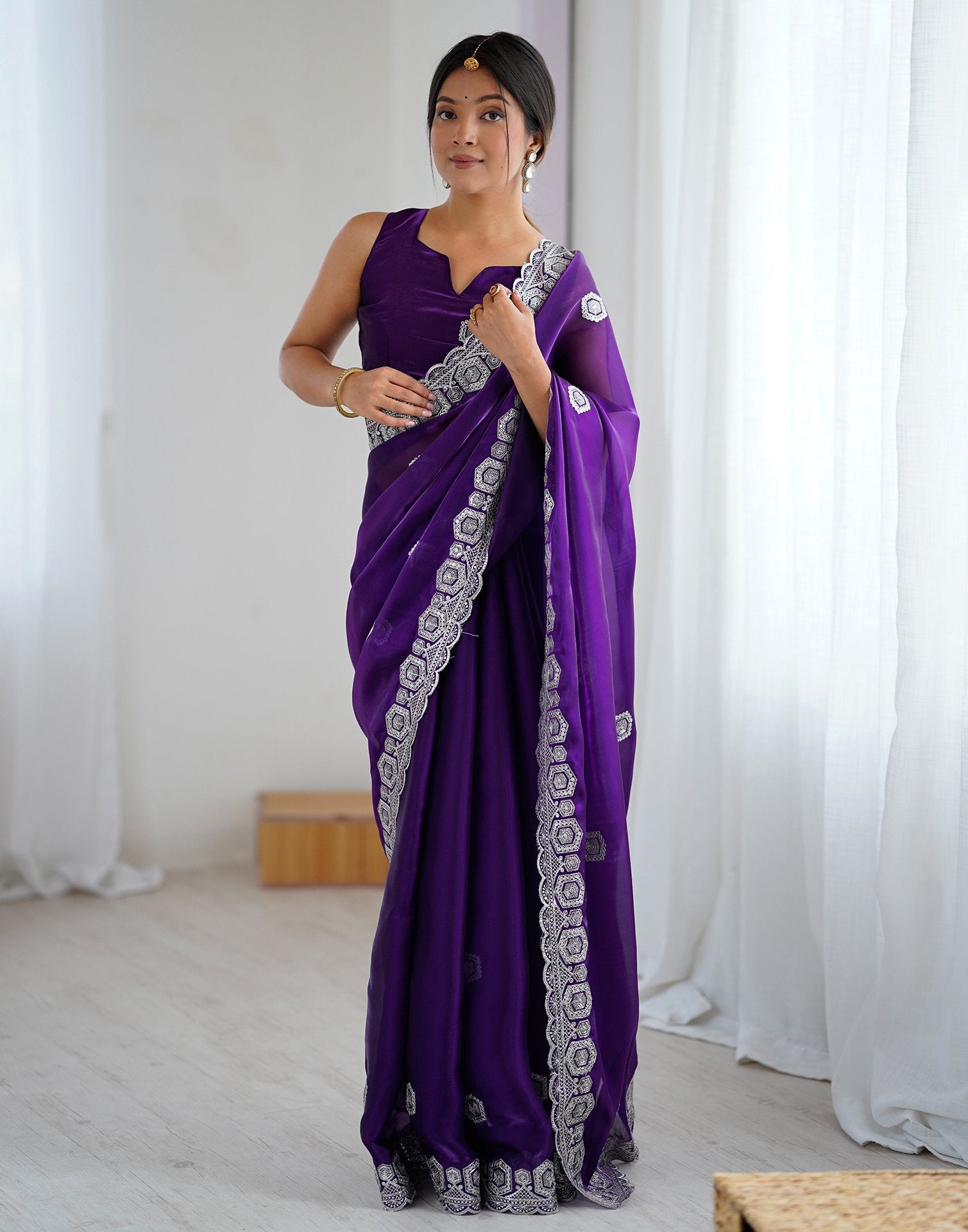 Dark Purple Tissue Silk Embroidery Saree