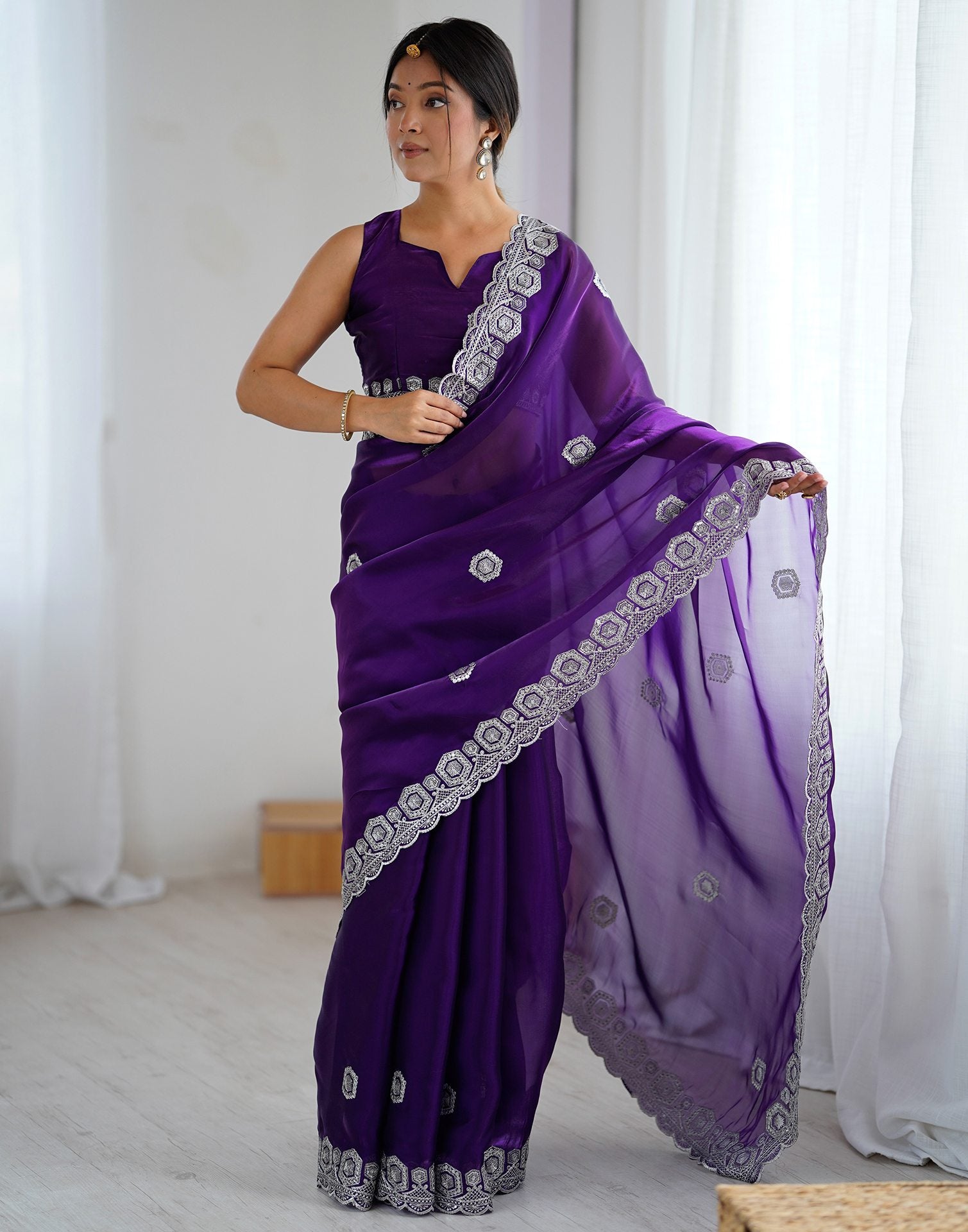 Dark Purple Tissue Silk Embroidery Saree